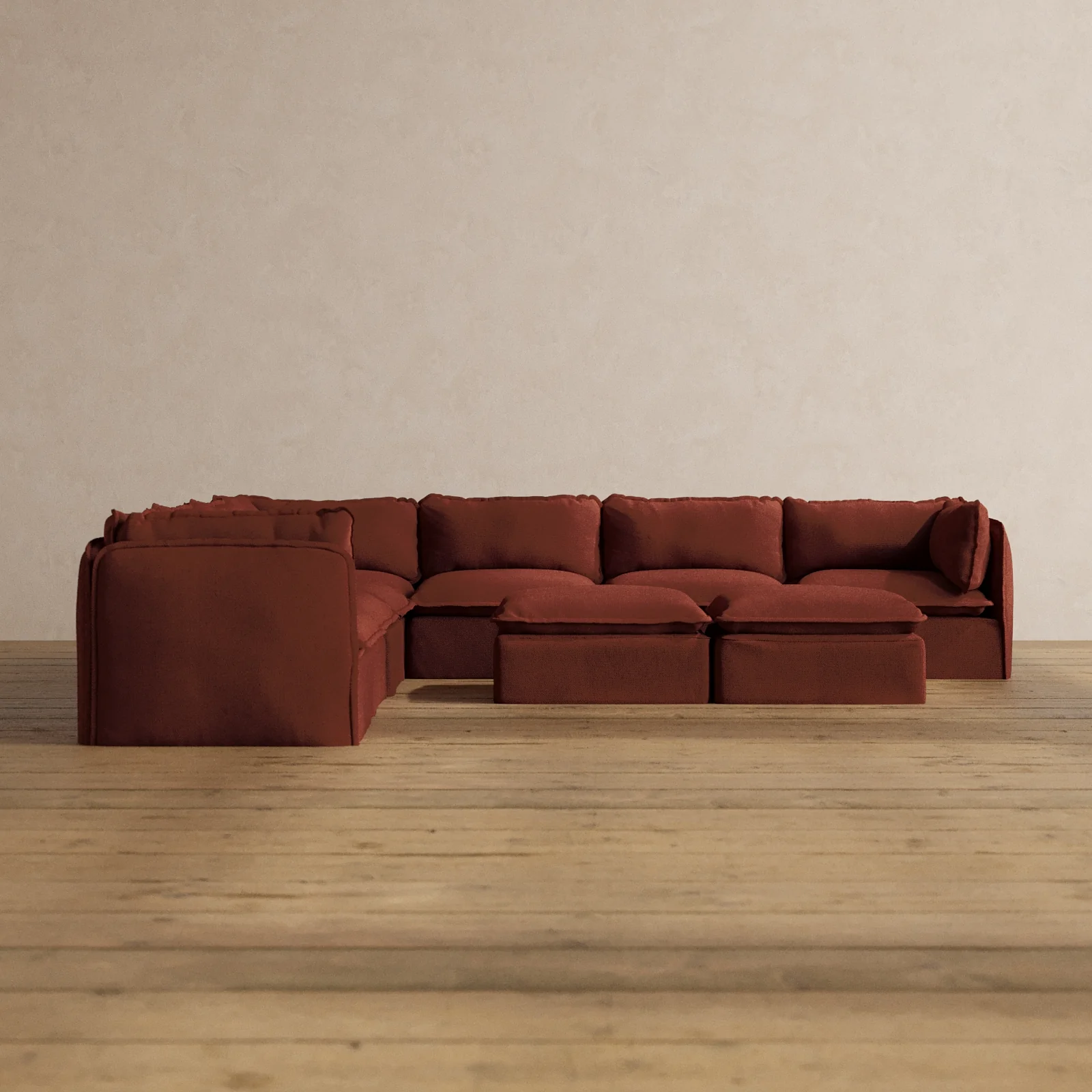Modular Washable 7-Seater Corner Sectional + Bench Ottoman in Rust | Memorix+ Seat | Contour Pillow