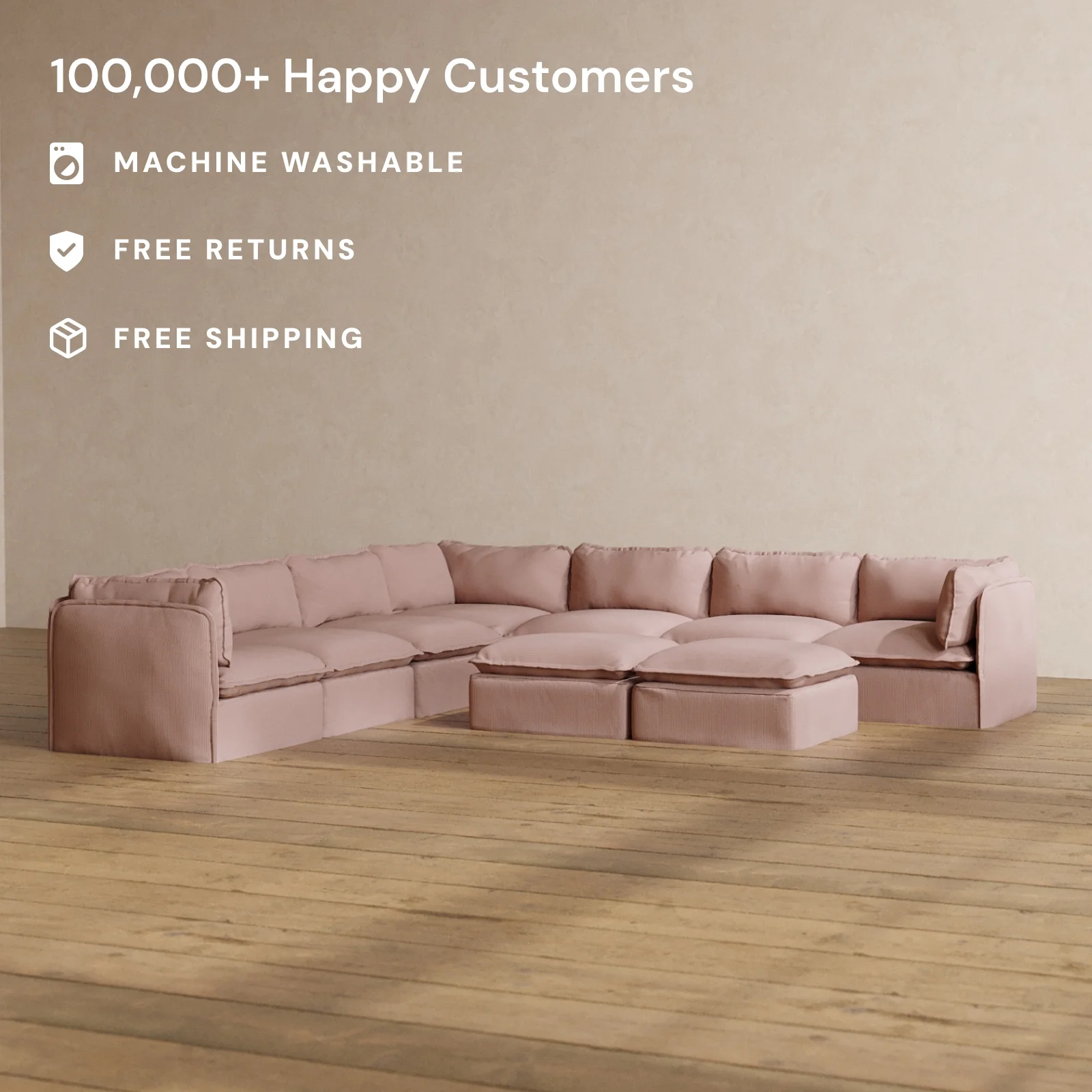 Modular Washable 7-Seater Corner Sectional + Bench Ottoman in Sakura | Deluxe+ Seat | Cloud Pillow - Image 2