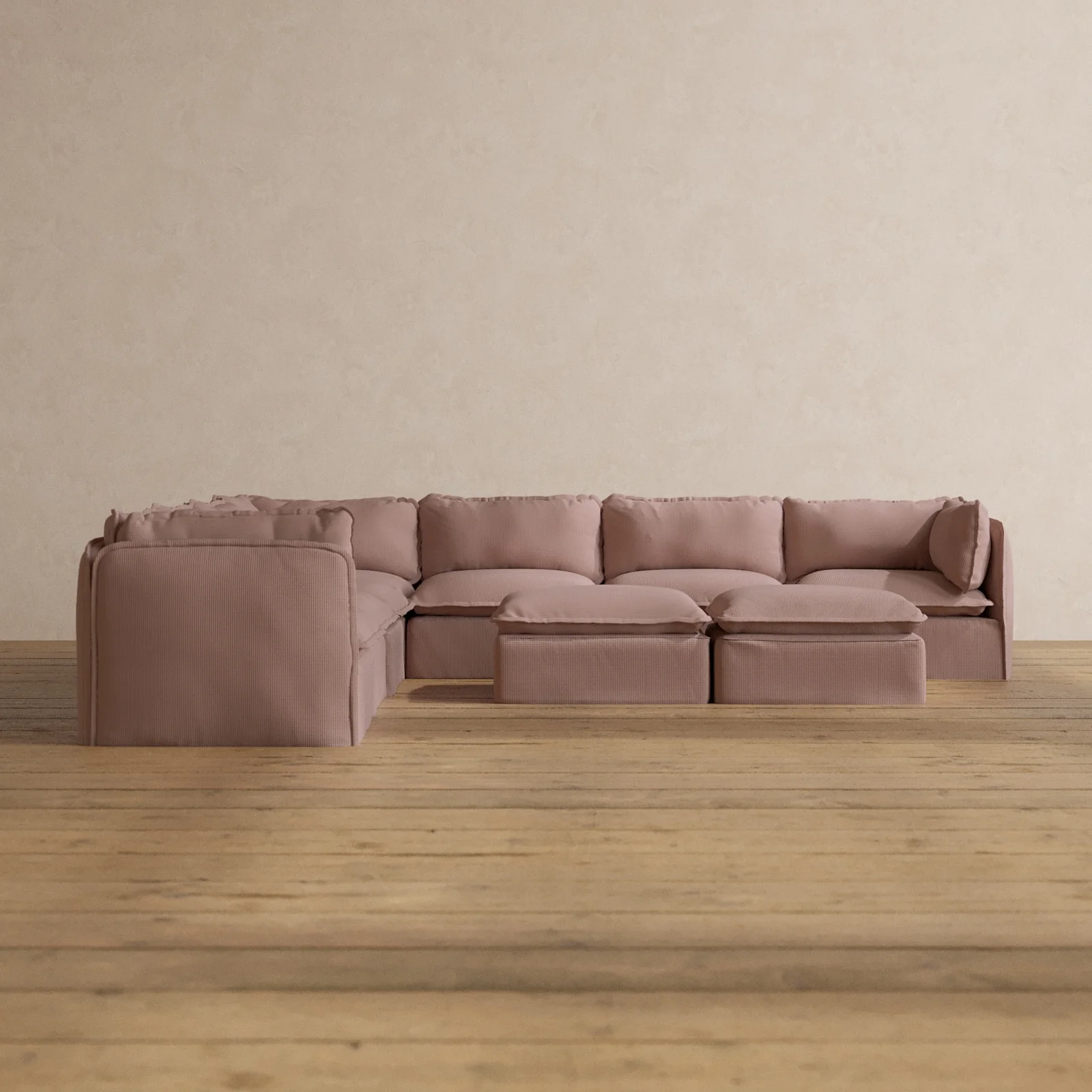 Modular Washable 7-Seater Corner Sectional + Bench Ottoman in Sakura | Memorix+ Seat | Contour Pillow