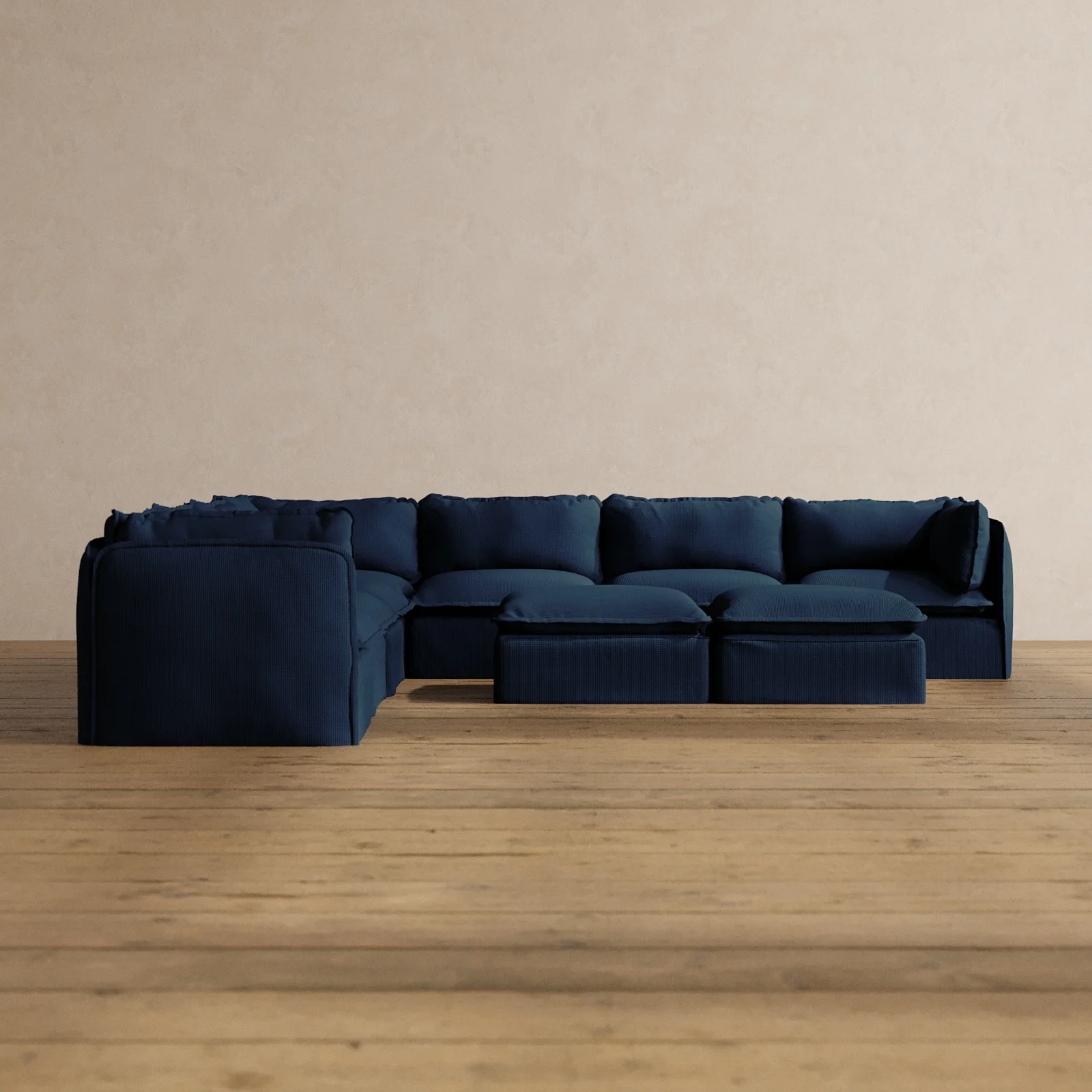 Modular Washable 7-Seater Corner Sectional + Bench Ottoman in Sumi | Deluxe+ Seat | Cloud Pillow