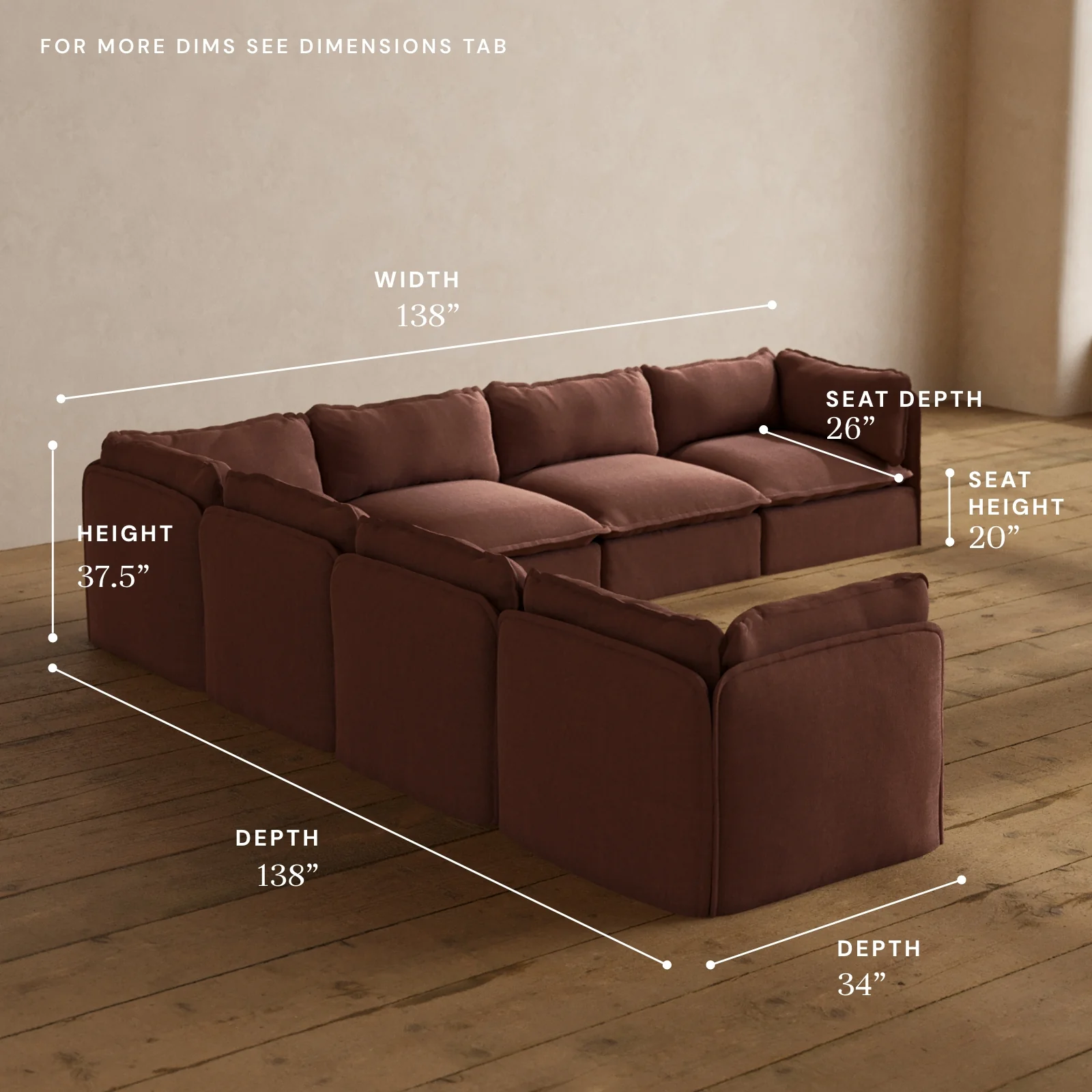 Modular Washable 7-Seater Corner Sectional in Chestnut | Memorix+ Seat | Contour Pillow - Image 5