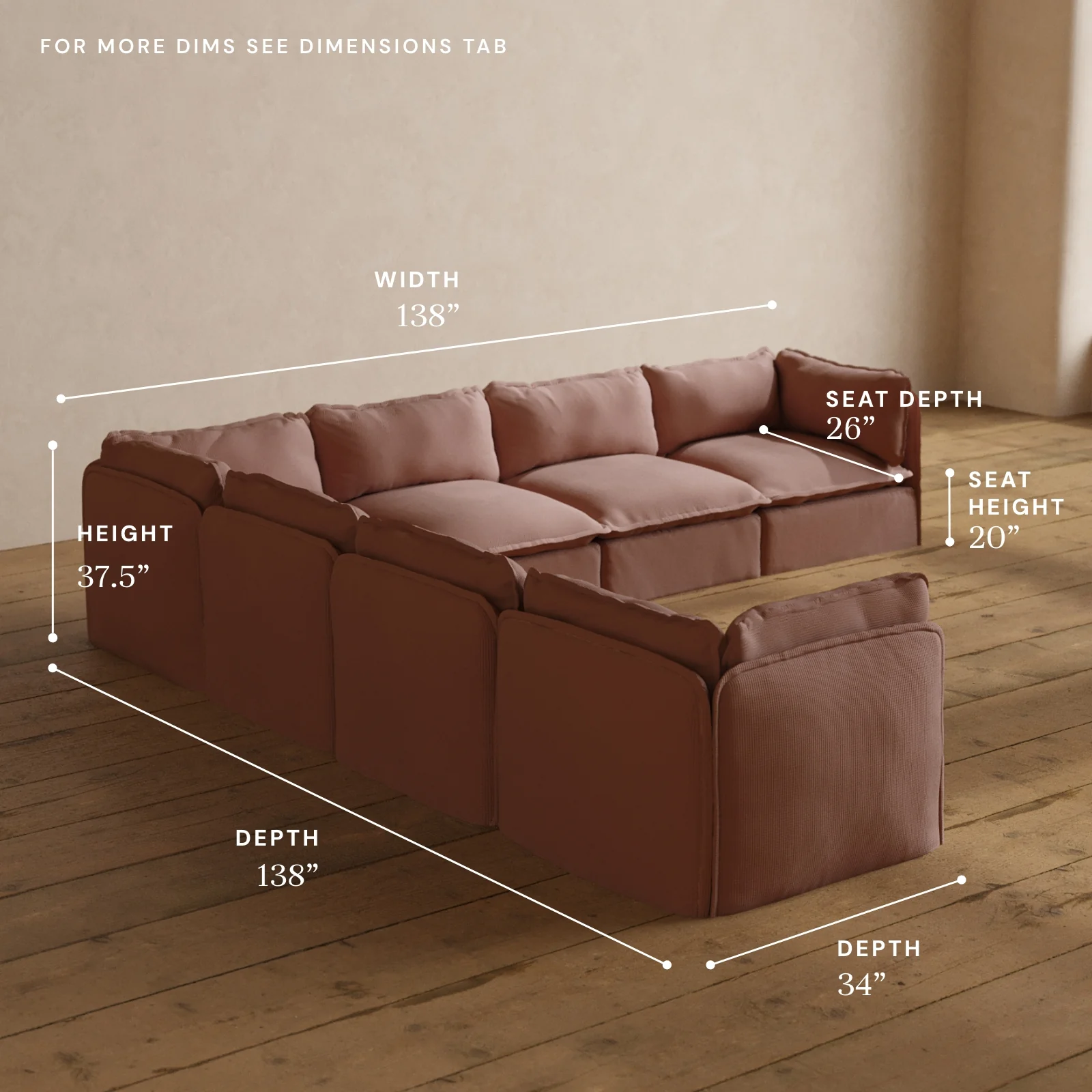 Modular Washable 7-Seater Corner Sectional in Sakura | Deluxe+ Seat | Cloud Pillow - Image 5