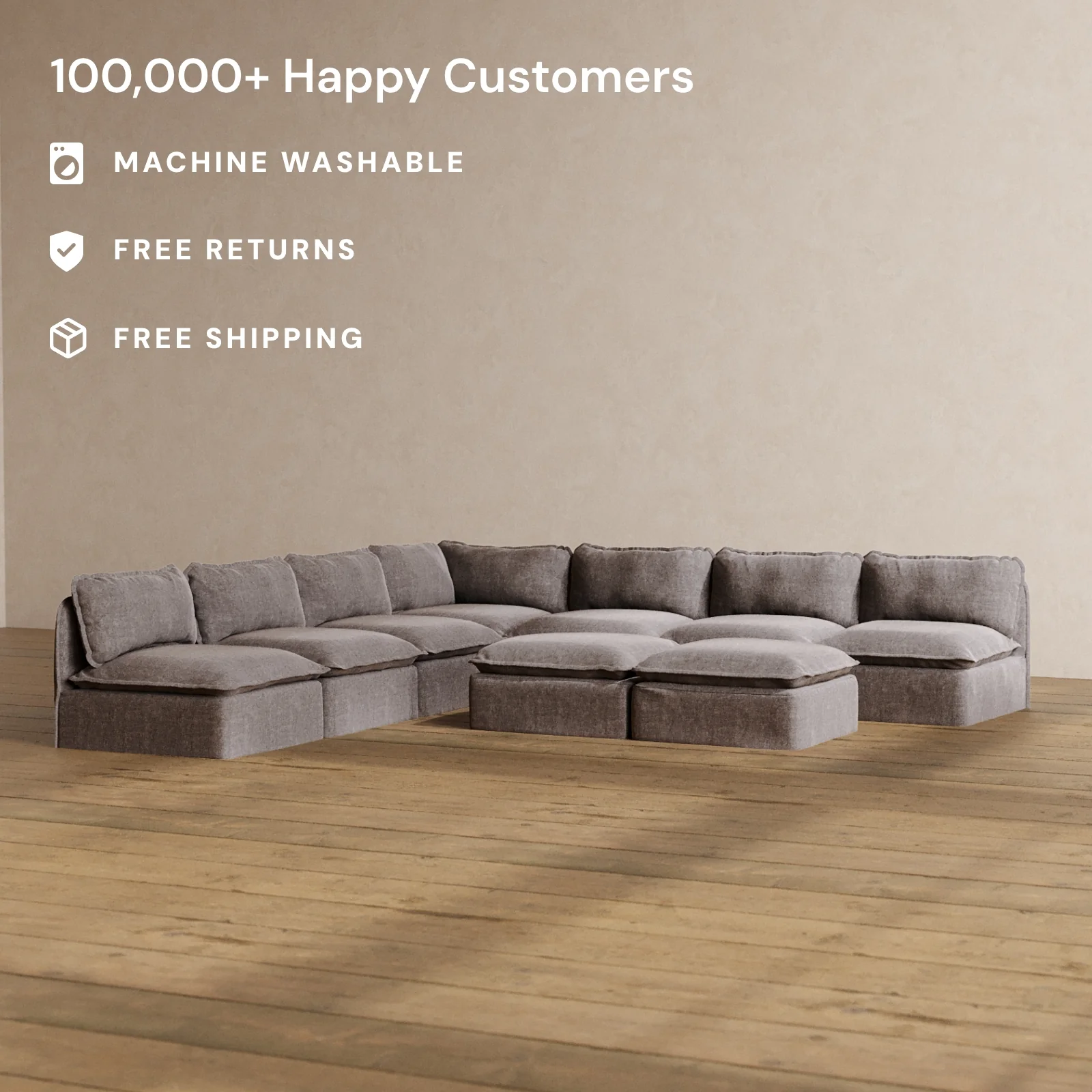 Modular Washable 7-Seater Open-Ends Corner Sectional + Bench Ottoman in Caviar | Memorix+ Seat | Contour Pillow - Image 2