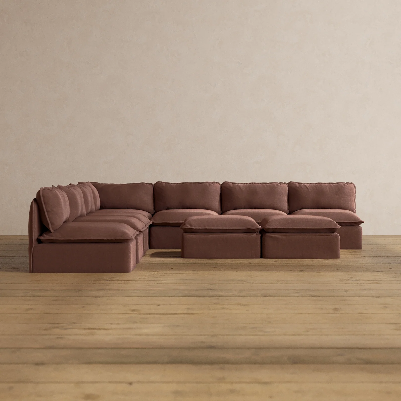 Modular Washable 7-Seater Open-Ends Corner Sectional + Bench Ottoman in Chestnut | Memorix+ Seat | Contour Pillow