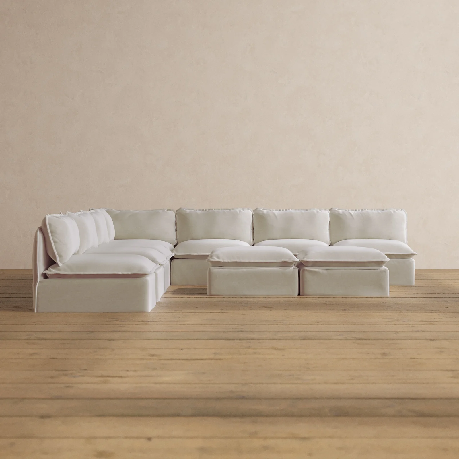 Modular Washable 7-Seater Open-Ends Corner Sectional + Bench Ottoman in Coco | Memorix+ Seat | Contour Pillow