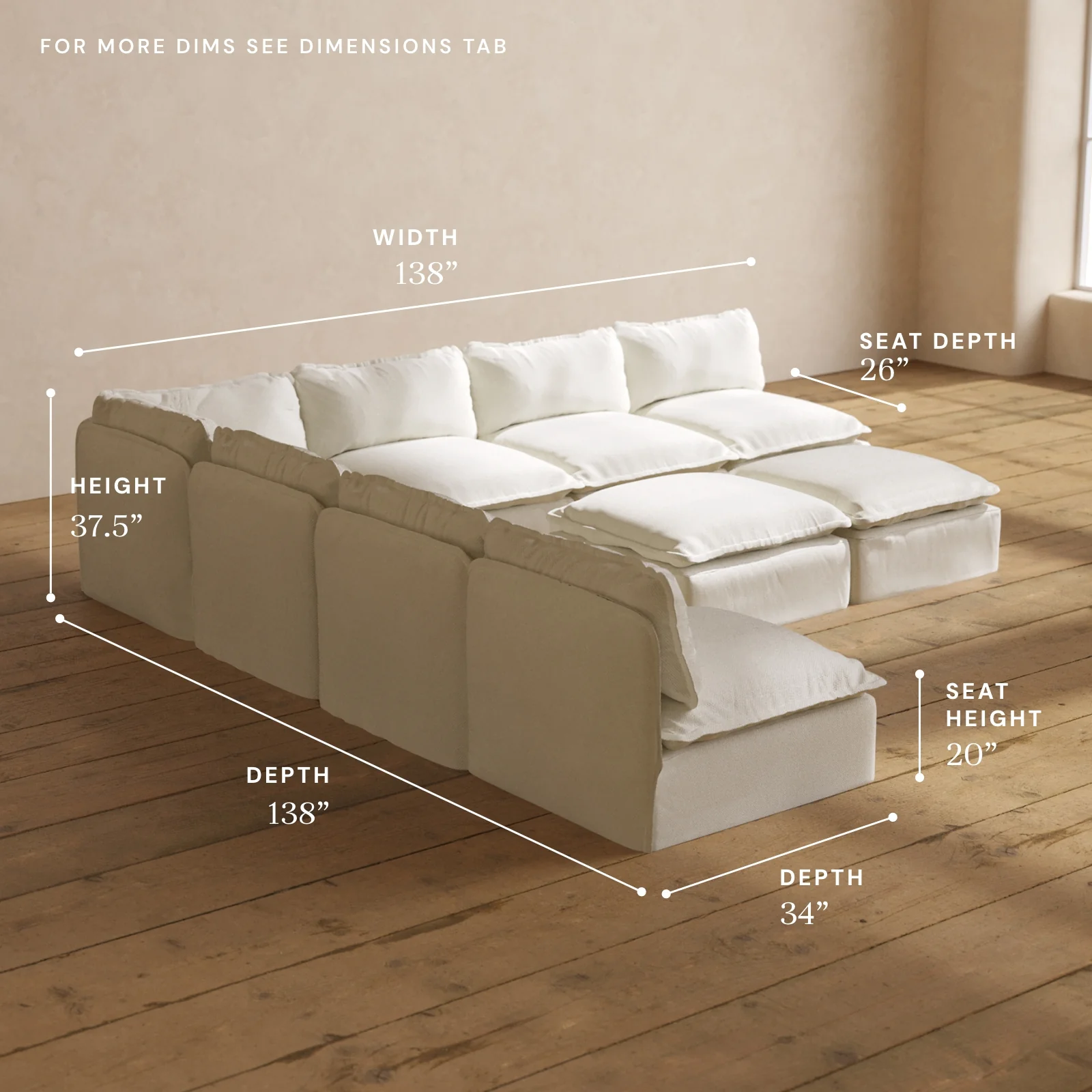 Modular Washable 7-Seater Open-Ends Corner Sectional + Bench Ottoman in Eggshell | Deluxe+ Seat | Cloud Pillow - Image 5