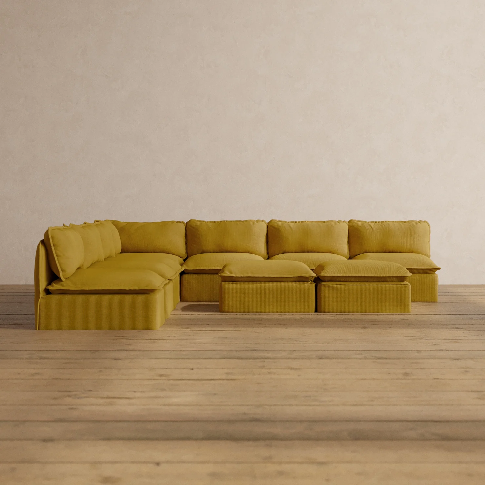 Modular Washable 7-Seater Open-Ends Corner Sectional + Bench Ottoman in Kiiro | Memorix+ Seat | Contour Pillow