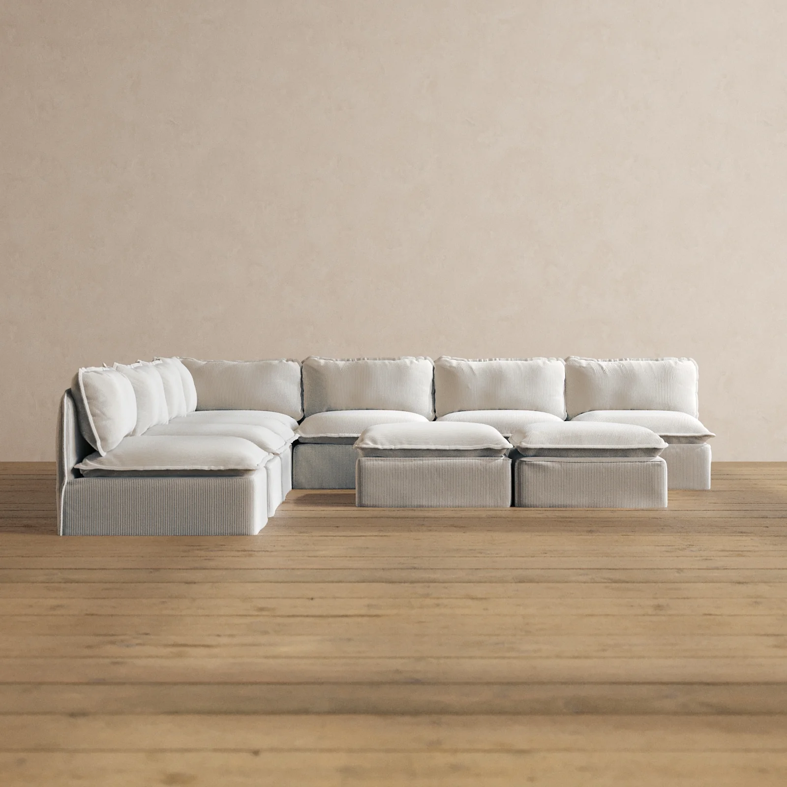 Modular Washable 7-Seater Open-Ends Corner Sectional + Bench Ottoman in Milk | Memorix+ Seat | Contour Pillow