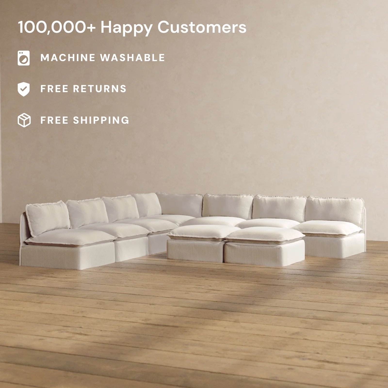 Modular Washable 7-Seater Open-Ends Corner Sectional + Bench Ottoman in Milk | Memorix+ Seat | Contour Pillow - Image 2