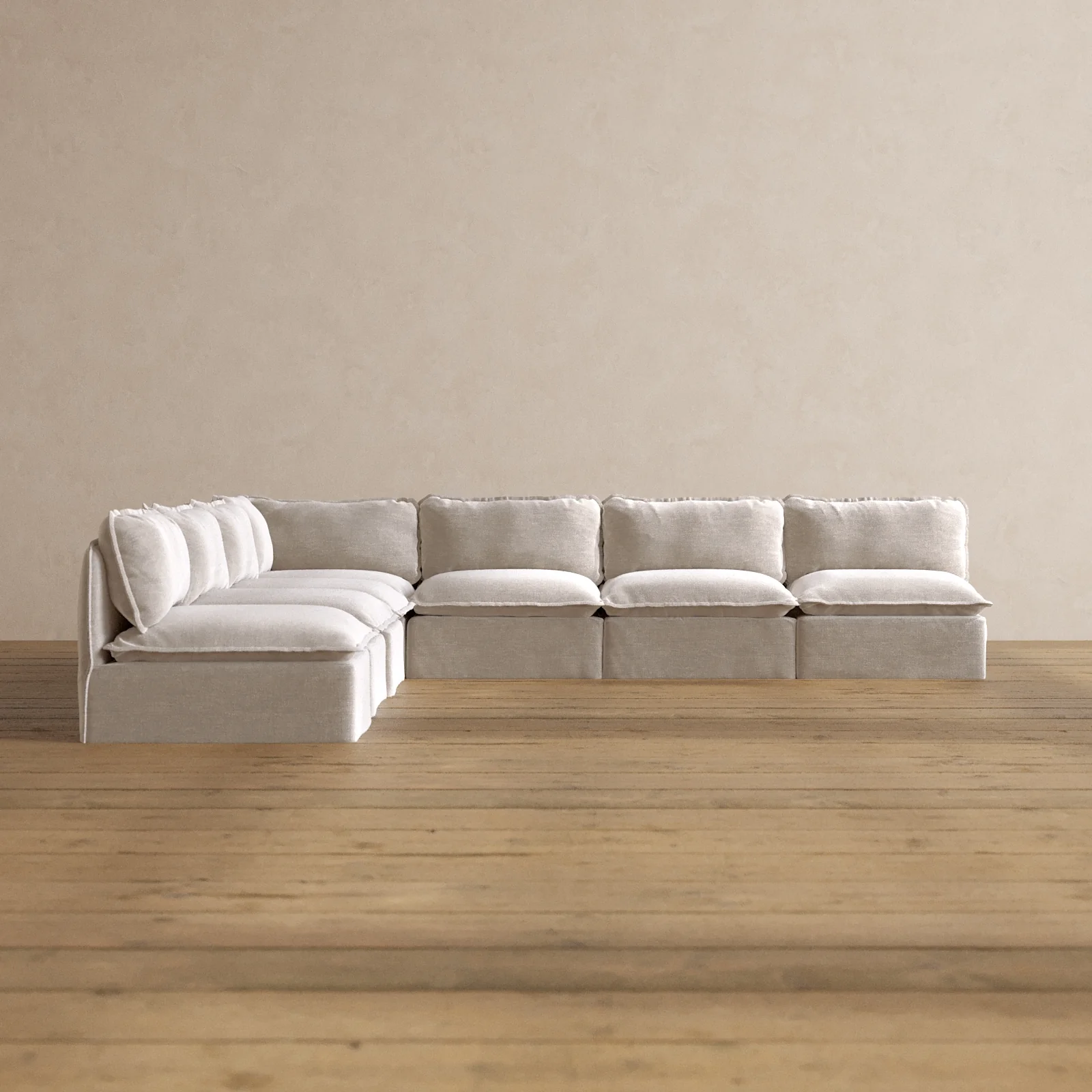 Modular Washable 7-Seater Open-Ends Corner Sectional + Bench Ottoman in Mist | Deluxe+ Seat | Cloud Pillow