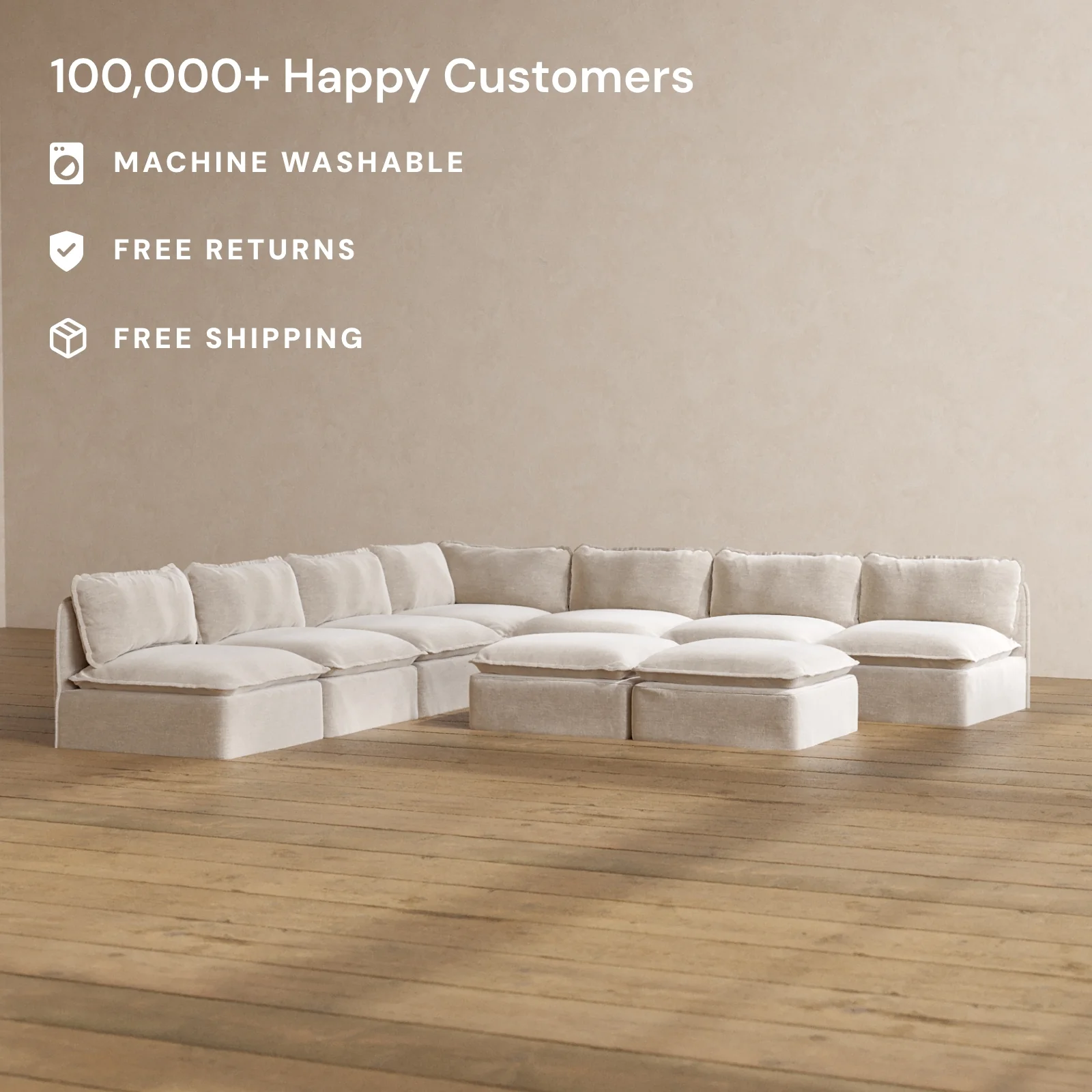 Modular Washable 7-Seater Open-Ends Corner Sectional + Bench Ottoman in Mist | Memorix+ Seat | Contour Pillow - Image 2