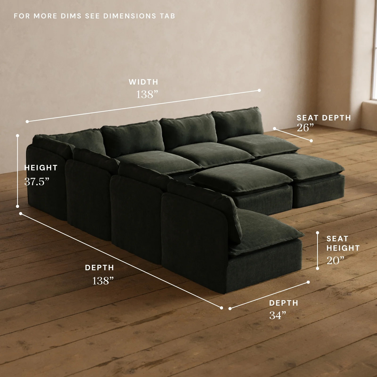 Modular Washable 7-Seater Open-Ends Corner Sectional + Bench Ottoman in Olivine | Deluxe+ Seat | Cloud Pillow - Image 5