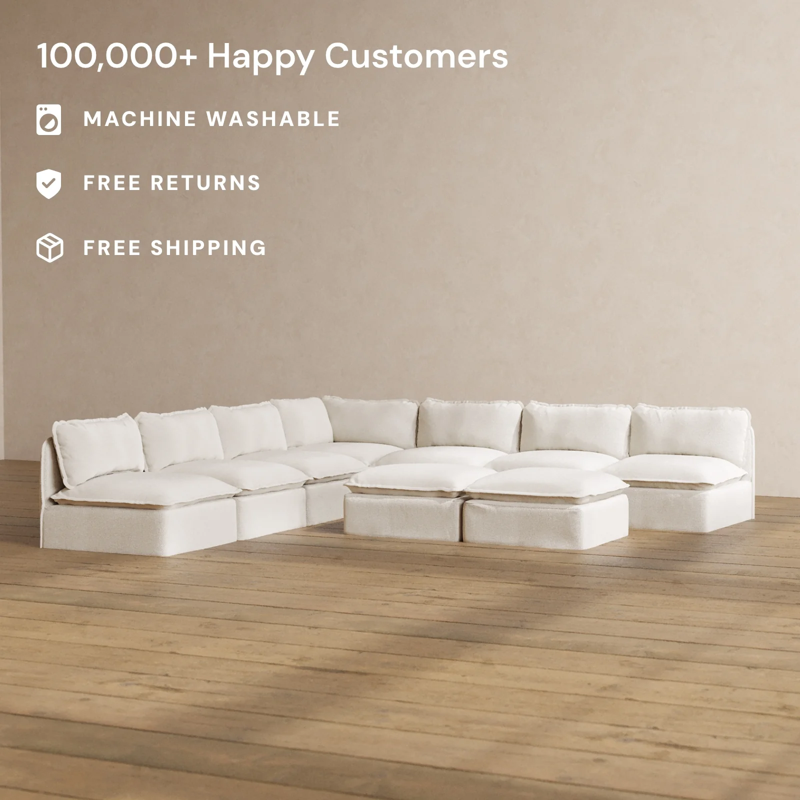 Modular Washable 7-Seater Open-Ends Corner Sectional + Bench Ottoman in Powder | Deluxe+ Seat | Cloud Pillow - Image 2