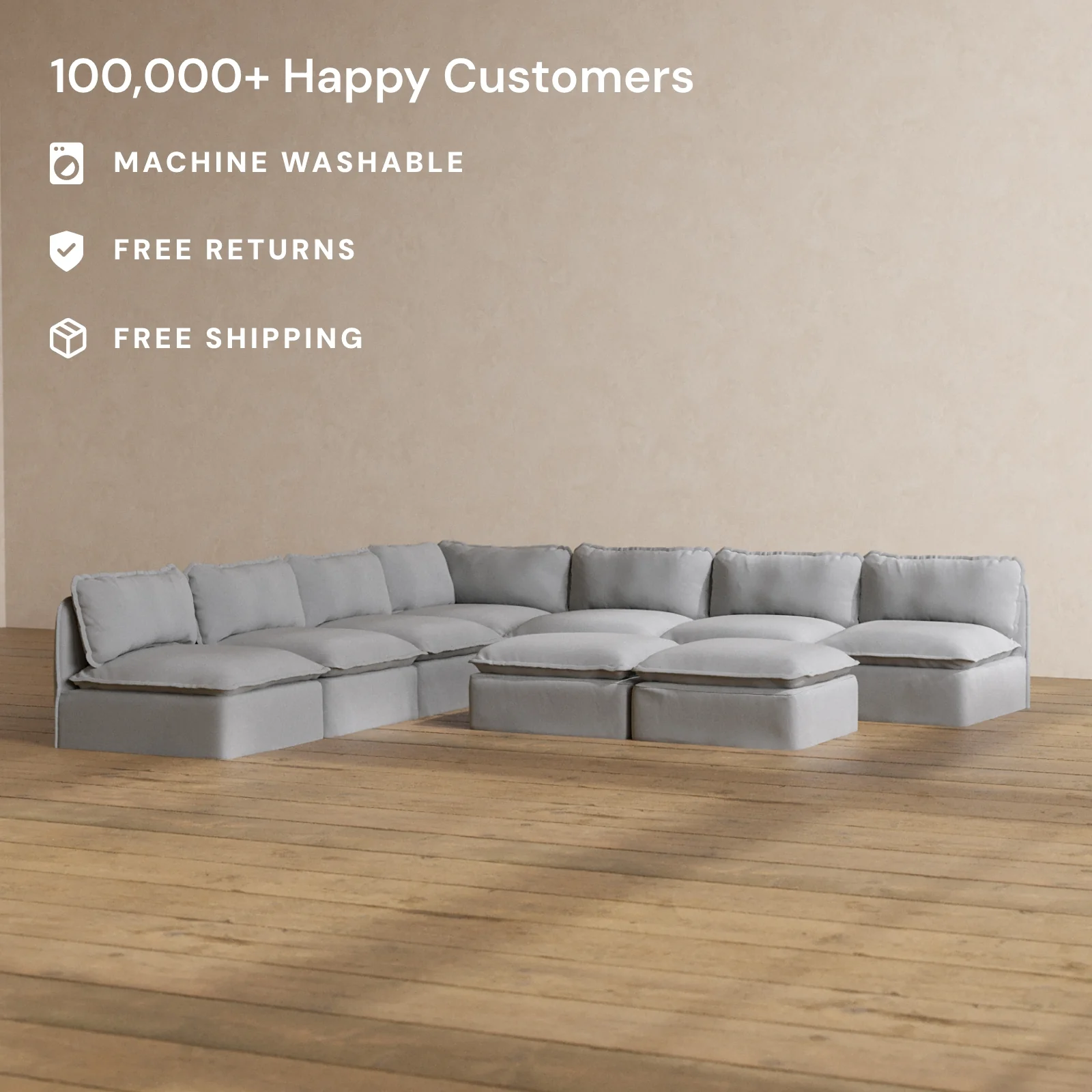 Modular Washable 7-Seater Open-Ends Corner Sectional + Bench Ottoman in Pumice | Memorix+ Seat | Contour Pillow - Image 2