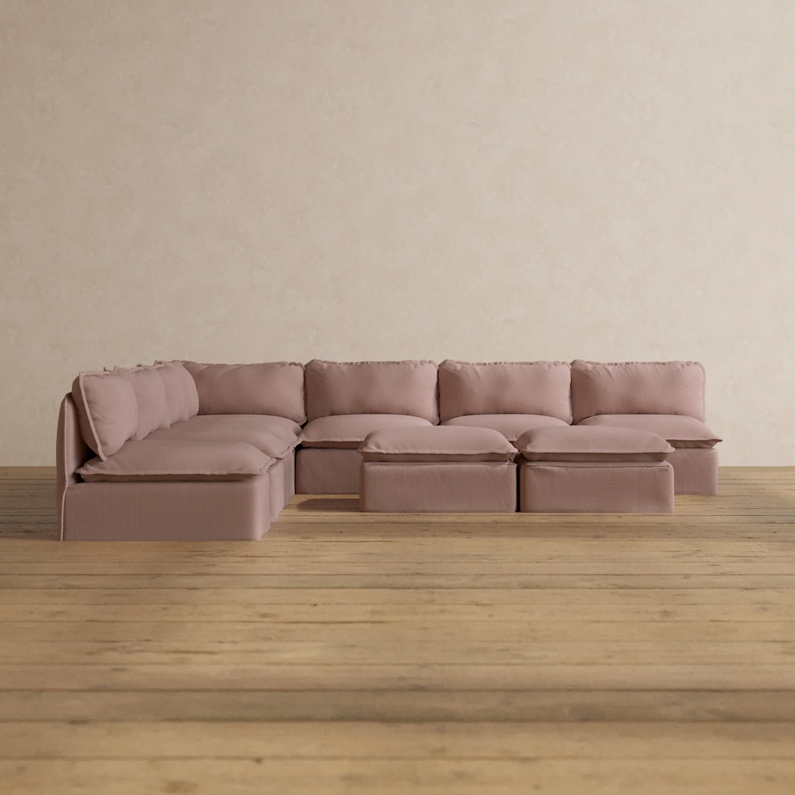 Modular Washable 7-Seater Open-Ends Corner Sectional + Bench Ottoman in Sakura | Deluxe+ Seat | Cloud Pillow
