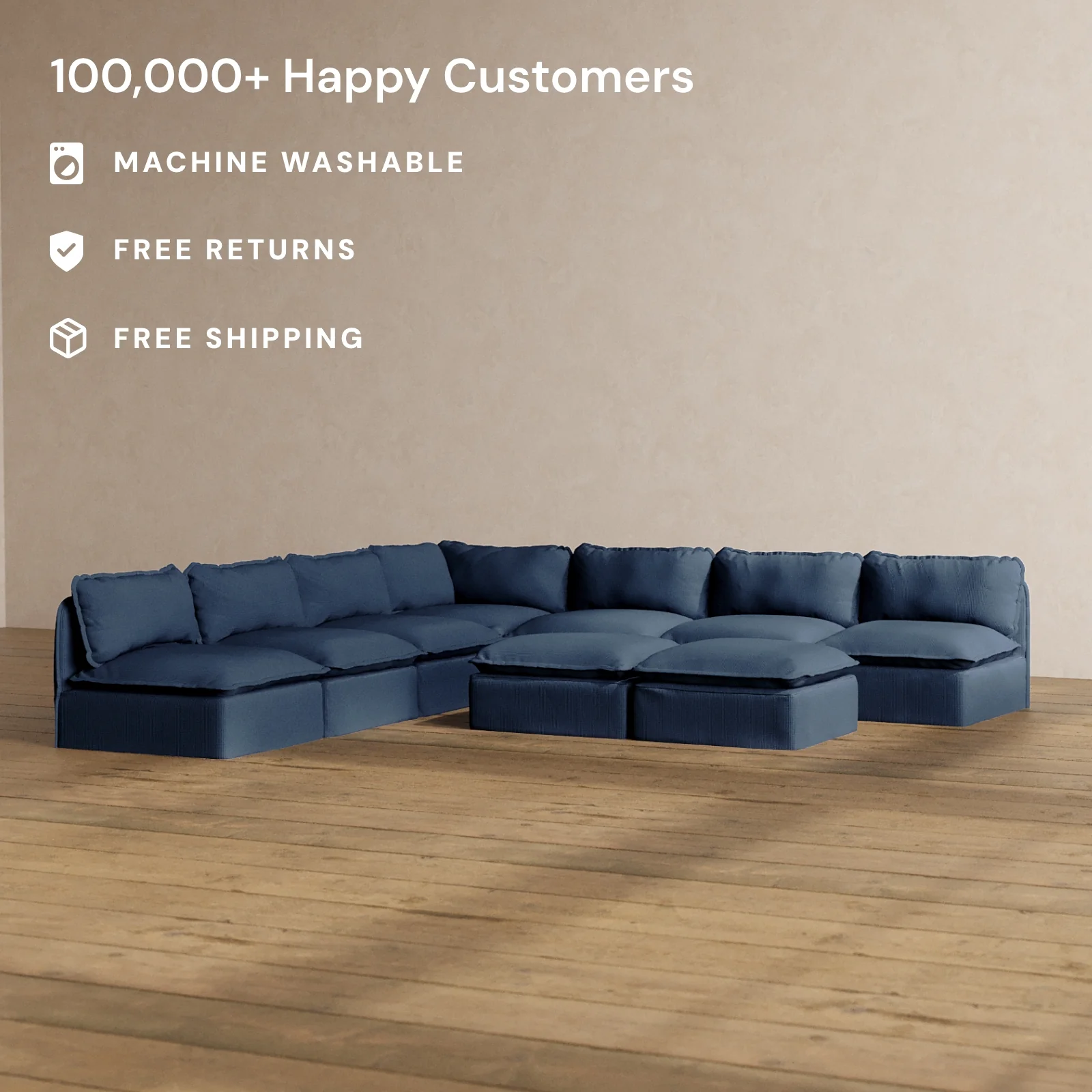 Modular Washable 7-Seater Open-Ends Corner Sectional + Bench Ottoman in Sumi | Memorix+ Seat | Contour Pillow - Image 2