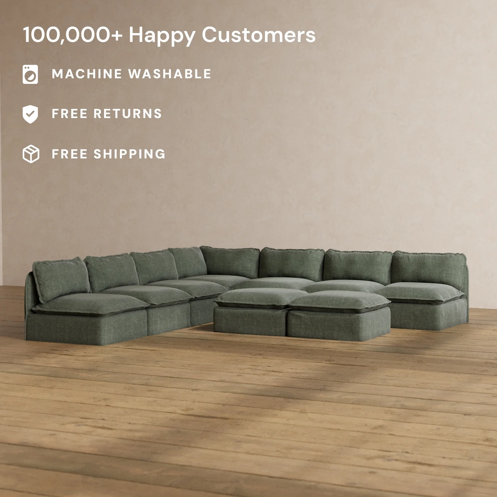 Modular Washable 7-Seater Open-Ends Corner Sectional + Bench Ottoman in Willow | Memorix+ Seat | Contour Pillow - Image 2
