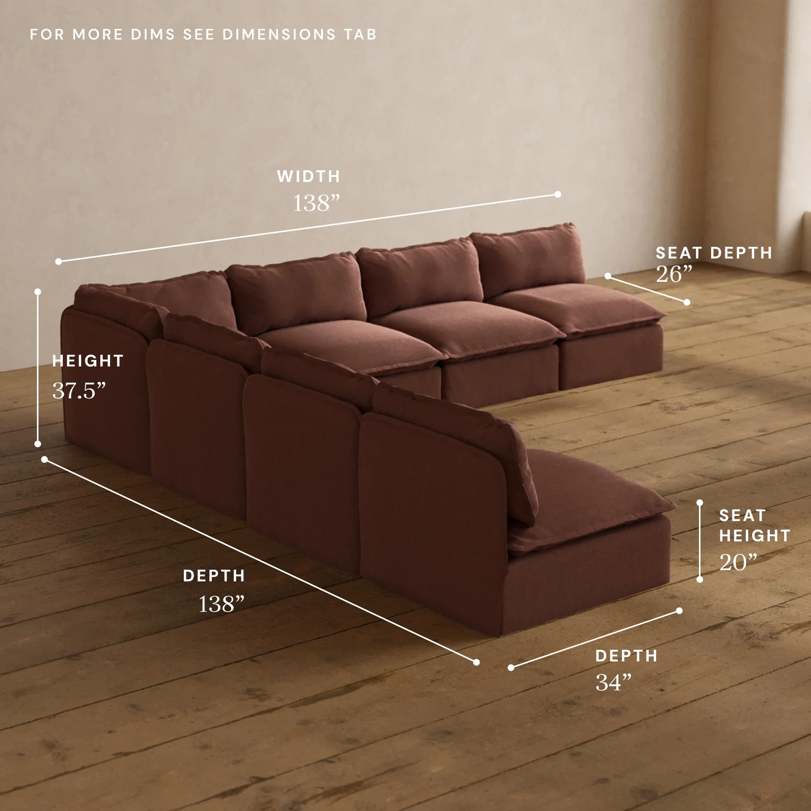 Modular Washable 7-Seater Open-Ends Corner Sectional in Chestnut | Deluxe+ Seat | Cloud Pillow - Image 5
