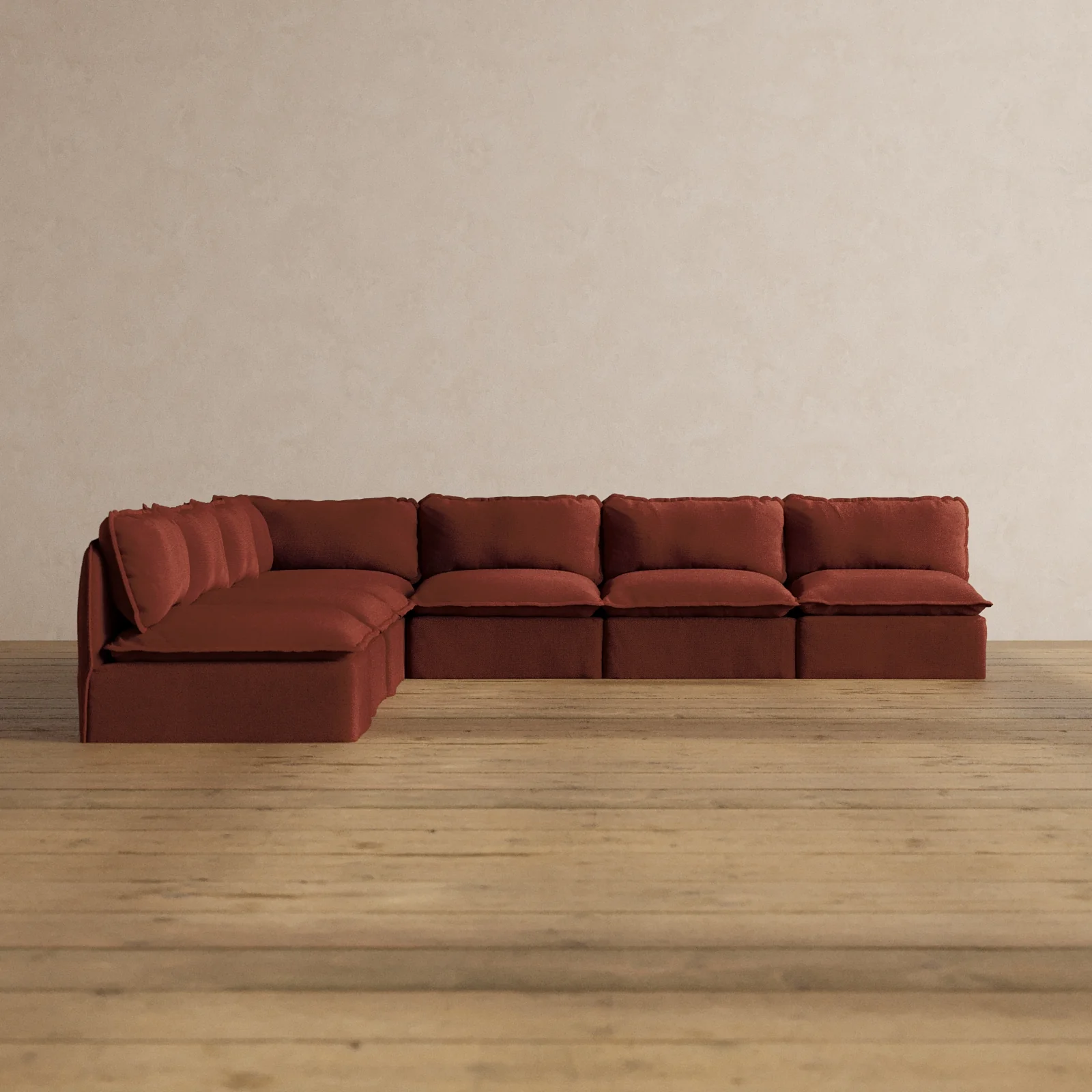 Modular Washable 7-Seater Open-Ends Corner Sectional in Rust | Deluxe+ Seat | Cloud Pillow