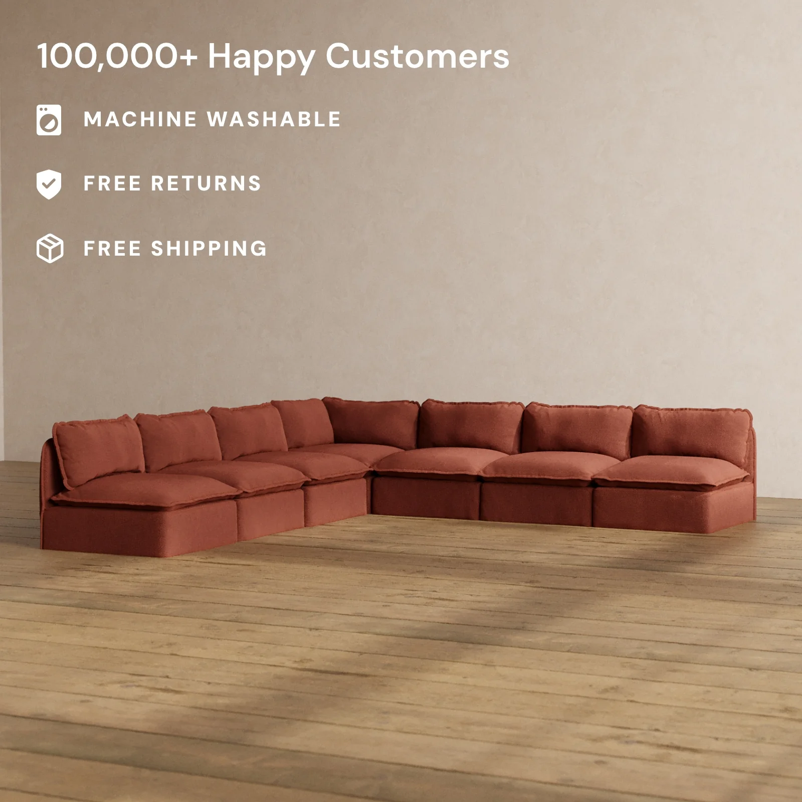 Modular Washable 7-Seater Open-Ends Corner Sectional in Rust | Deluxe+ Seat | Cloud Pillow - Image 2