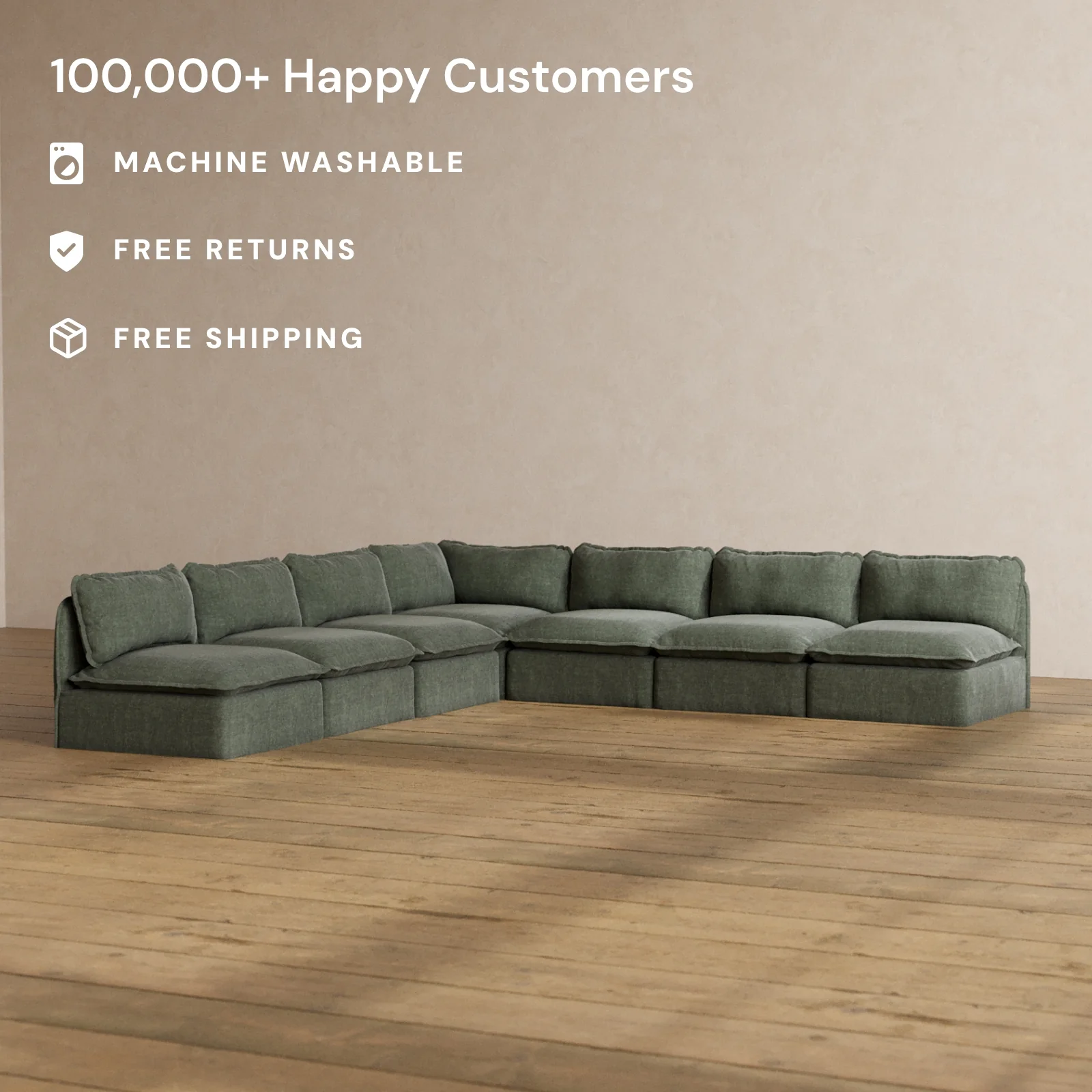Modular Washable 7-Seater Open-Ends Corner Sectional in Willow | Deluxe+ Seat | Cloud Pillow - Image 2