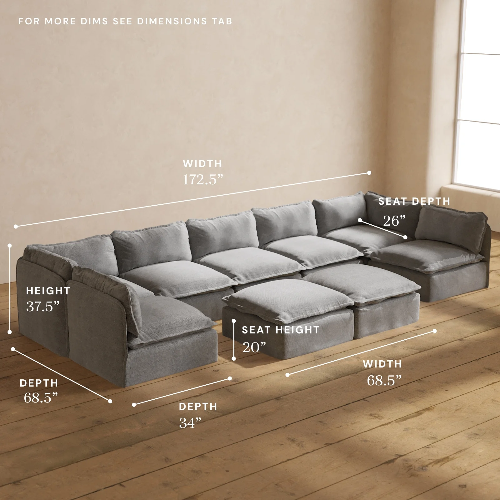 Modular Washable 7-Seater Open-Ends U-Sectional + Bench Ottoman in Ash | Deluxe+ Seat | Cloud Pillow - Image 5
