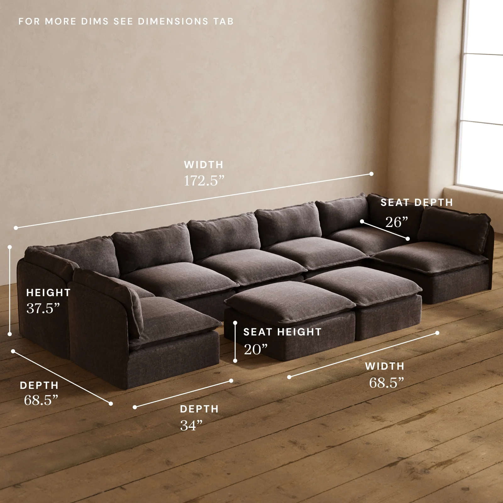 Modular Washable 7-Seater Open-Ends U-Sectional + Bench Ottoman in Caviar | Deluxe+ Seat | Cloud Pillow - Image 5