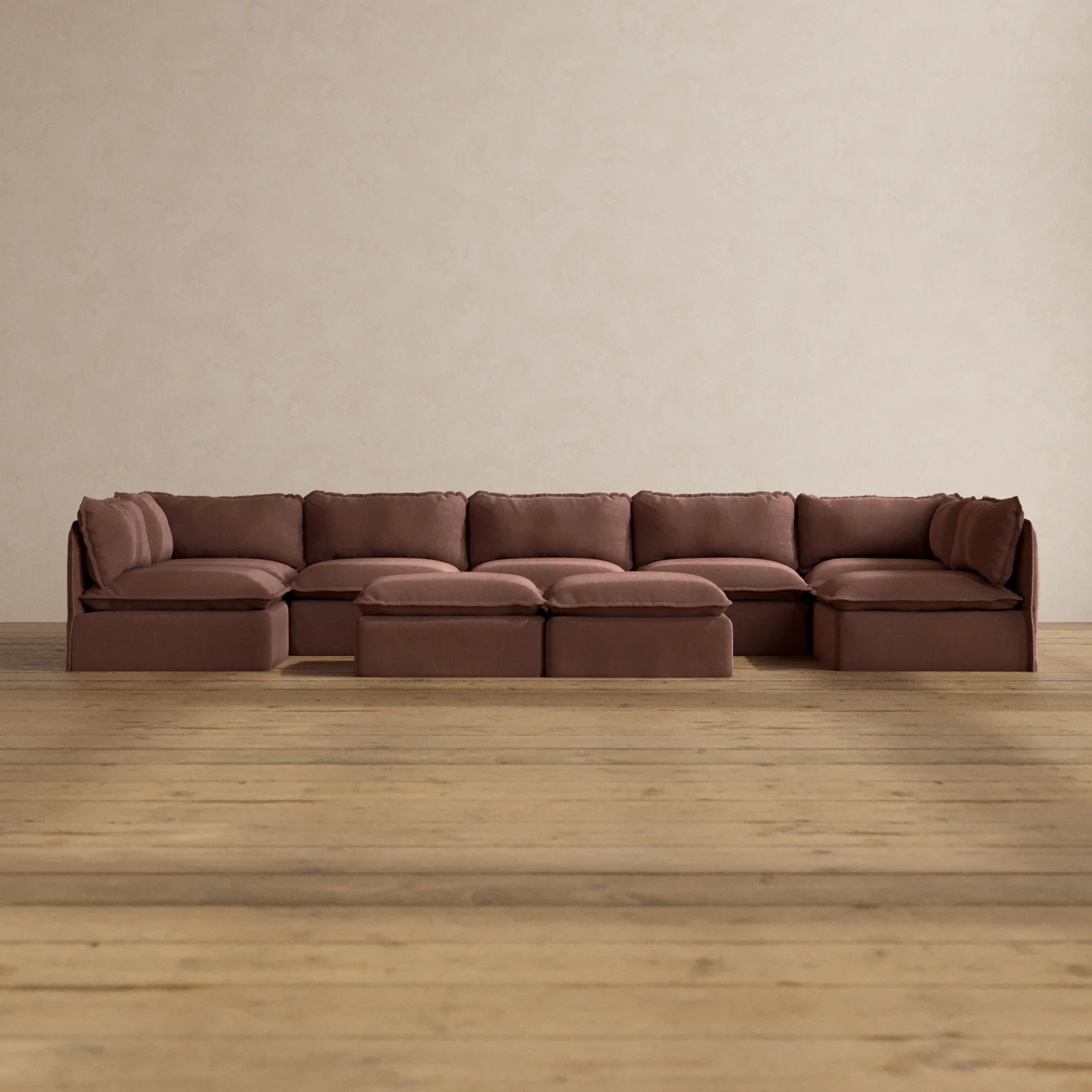Modular Washable 7-Seater Open-Ends U-Sectional + Bench Ottoman in Chestnut | Deluxe+ Seat | Cloud Pillow