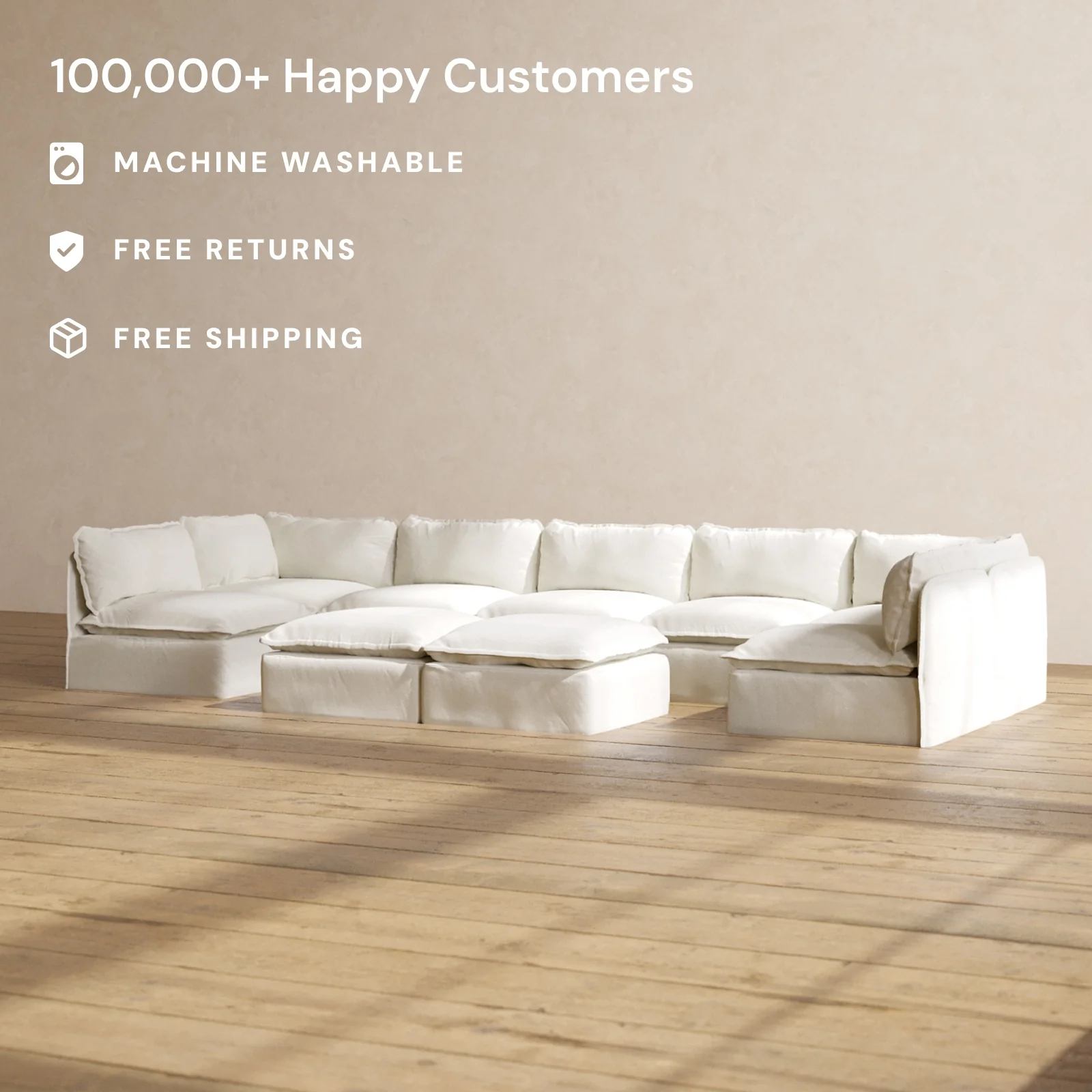 Modular Washable 7-Seater Open-Ends U-Sectional + Bench Ottoman in Eggshell | Deluxe+ Seat | Cloud Pillow - Image 2