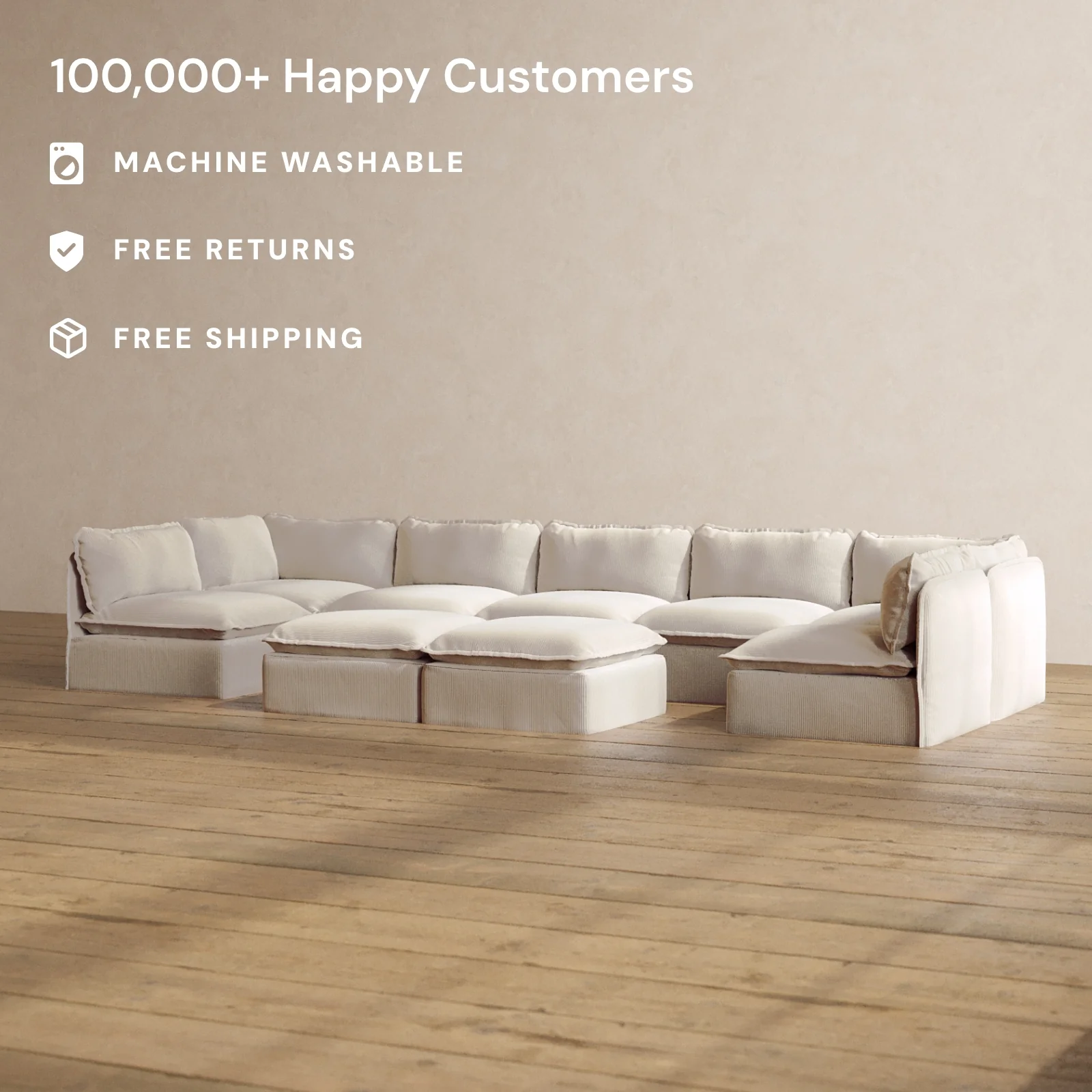 Modular Washable 7-Seater Open-Ends U-Sectional + Bench Ottoman in Milk | Deluxe+ Seat | Cloud Pillow - Image 2