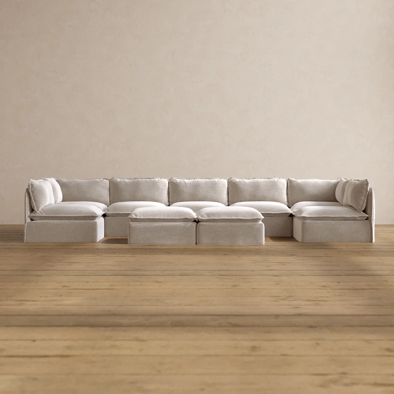 Modular Washable 7-Seater Open-Ends U-Sectional + Bench Ottoman in Mist | Memorix+ Seat | Contour Pillow