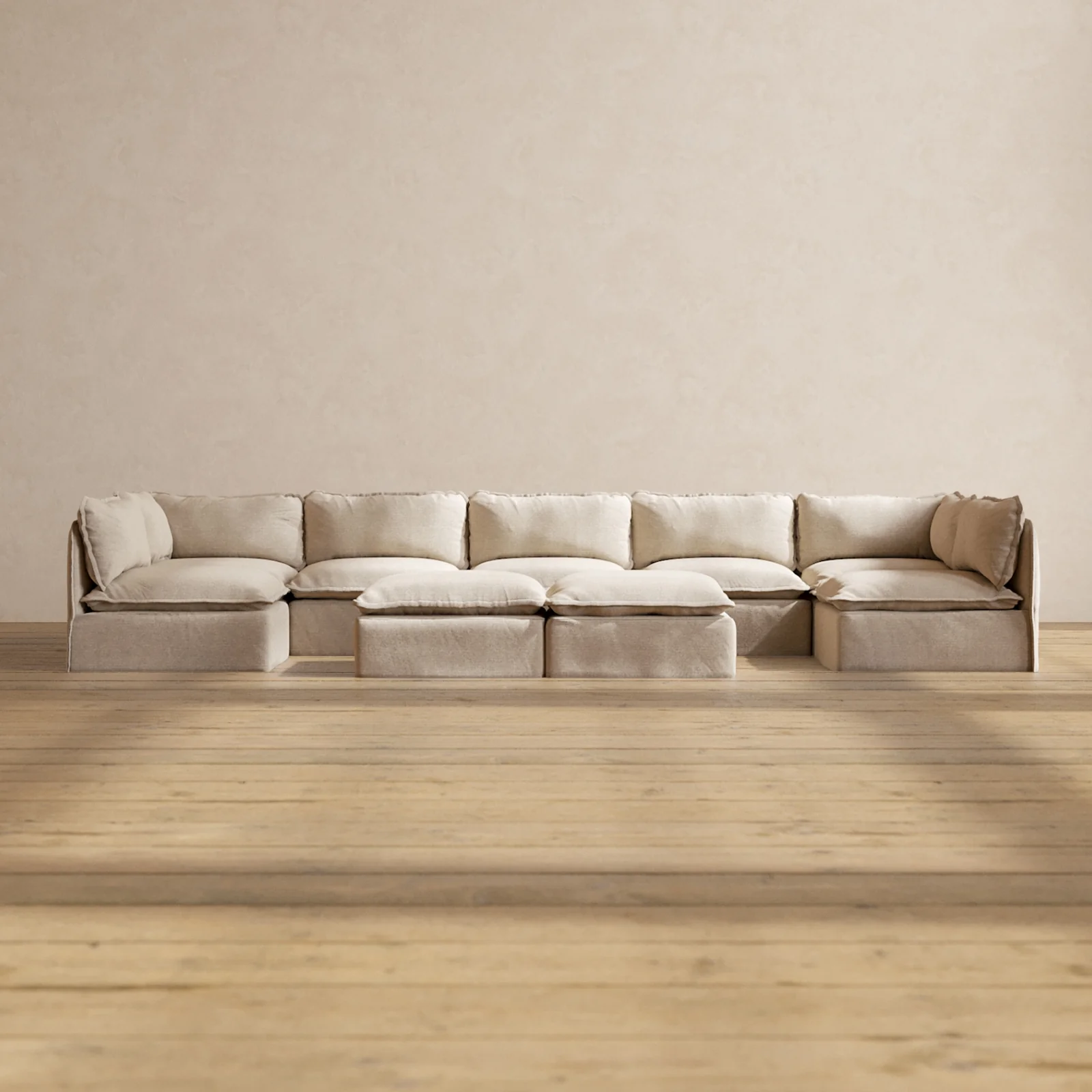 Modular Washable 7-Seater Open-Ends U-Sectional + Bench Ottoman in Oat | Deluxe+ Seat | Cloud Pillow