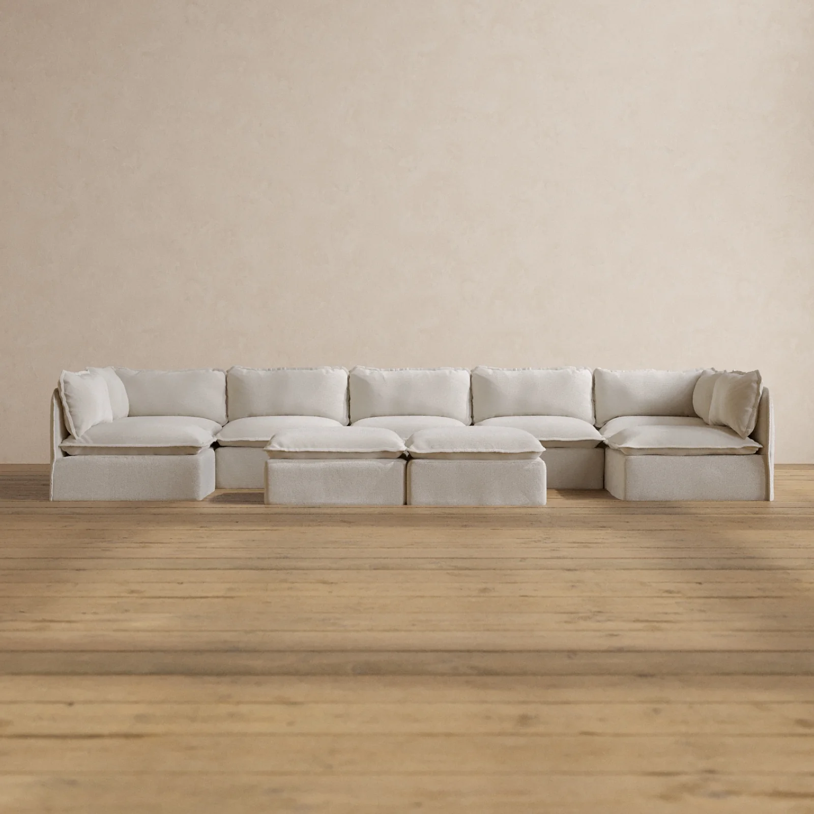 Modular Washable 7-Seater Open-Ends U-Sectional + Bench Ottoman in Powder | Memorix+ Seat | Contour Pillow