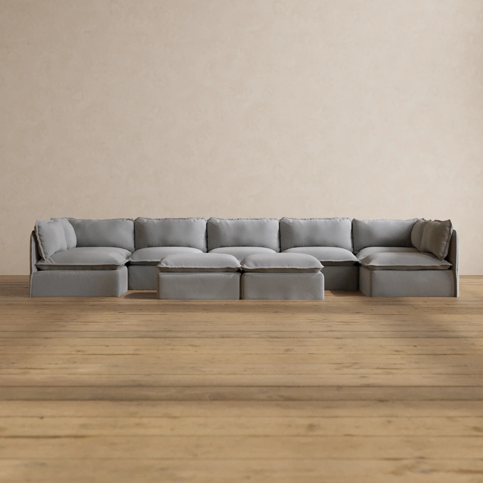 Modular Washable 7-Seater Open-Ends U-Sectional + Bench Ottoman in Pumice | Deluxe+ Seat | Cloud Pillow