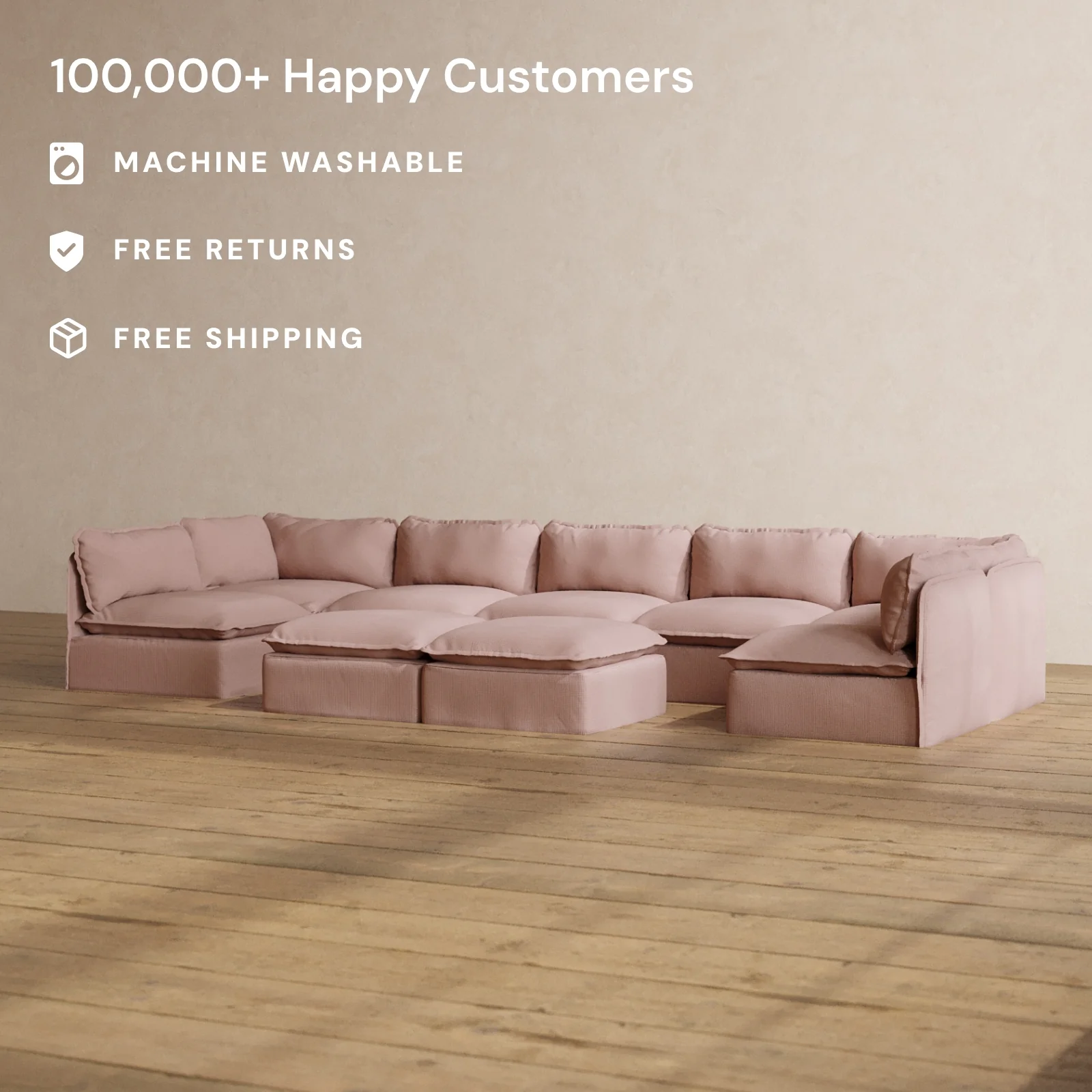 Modular Washable 7-Seater Open-Ends U-Sectional + Bench Ottoman in Sakura | Memorix+ Seat | Contour Pillow - Image 2