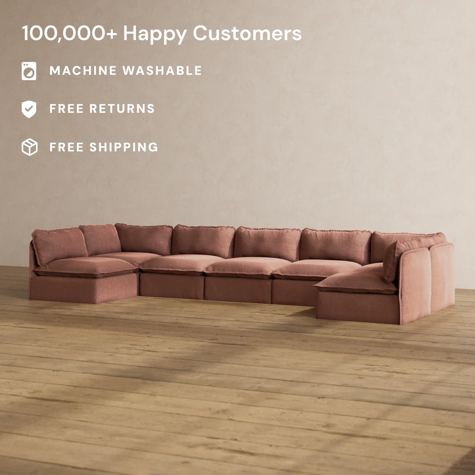 Modular Washable 7-Seater Open-Ends U-Sectional in Chestnut | Deluxe+ Seat | Cloud Pillow - Image 2