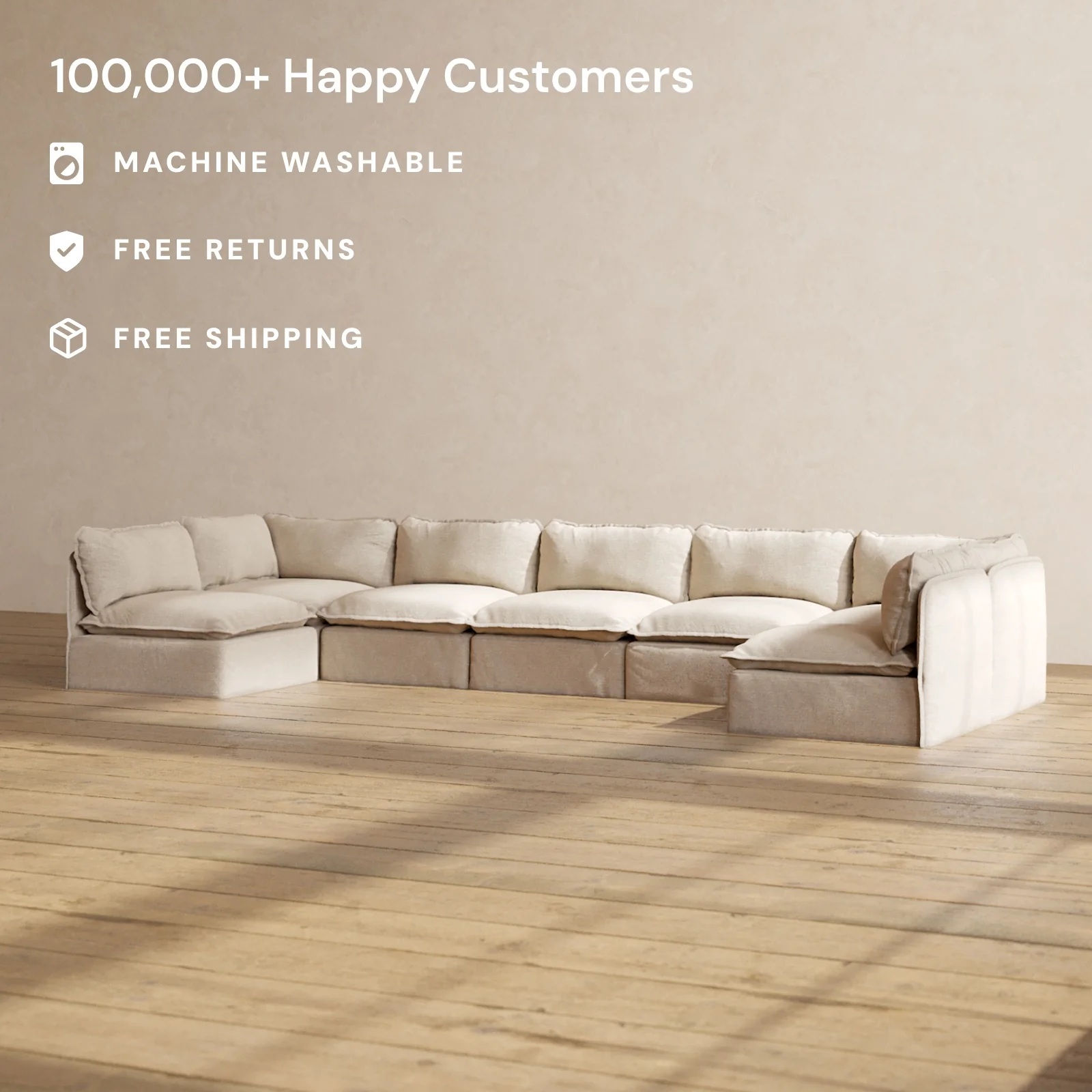 Modular Washable 7-Seater Open-Ends U-Sectional in Oat | Memorix+ Seat | Contour Pillow - Image 2