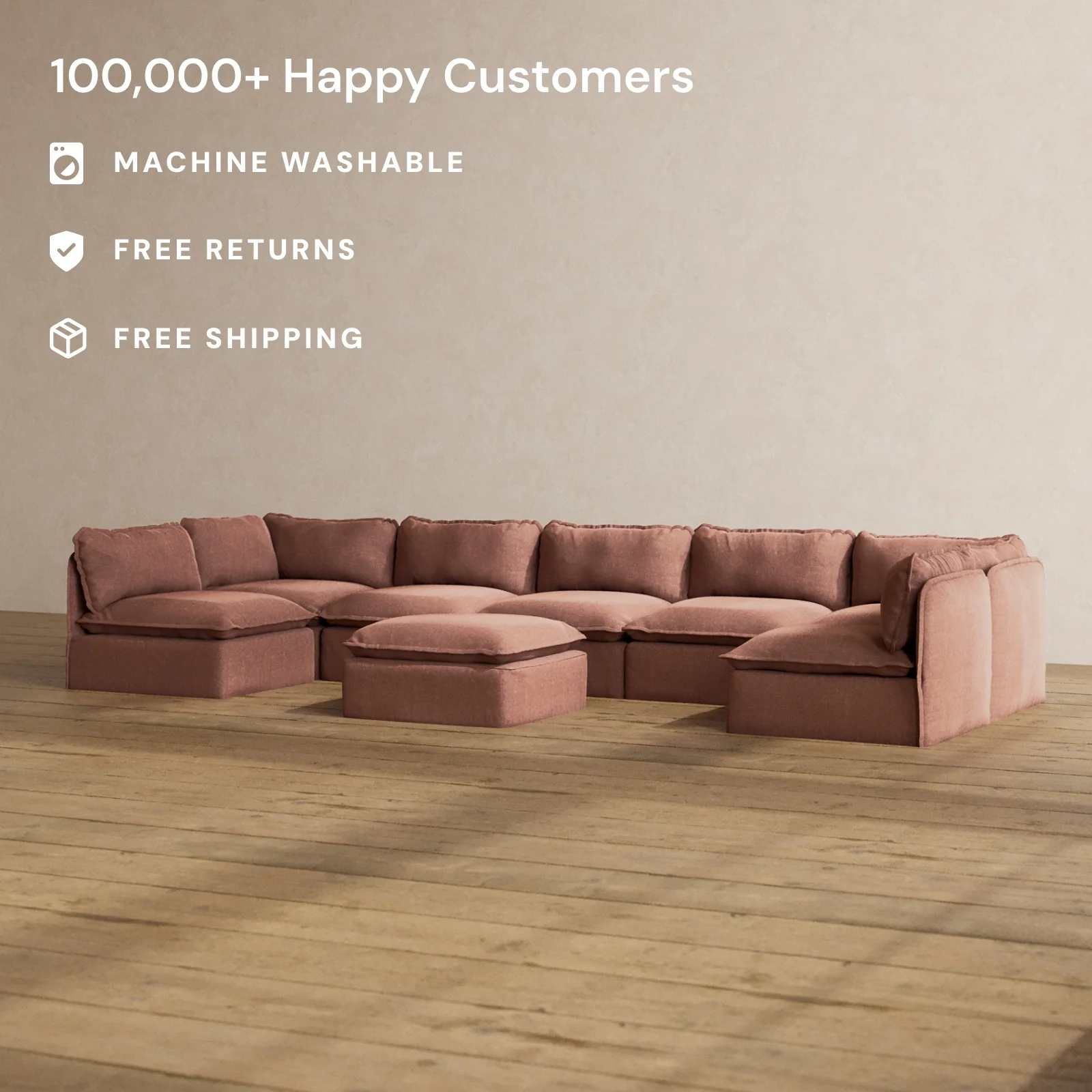Modular Washable 7-Seater Open-Ends U-Sectional + Ottoman in Chestnut | Deluxe+ Seat | Cloud Pillow - Image 2