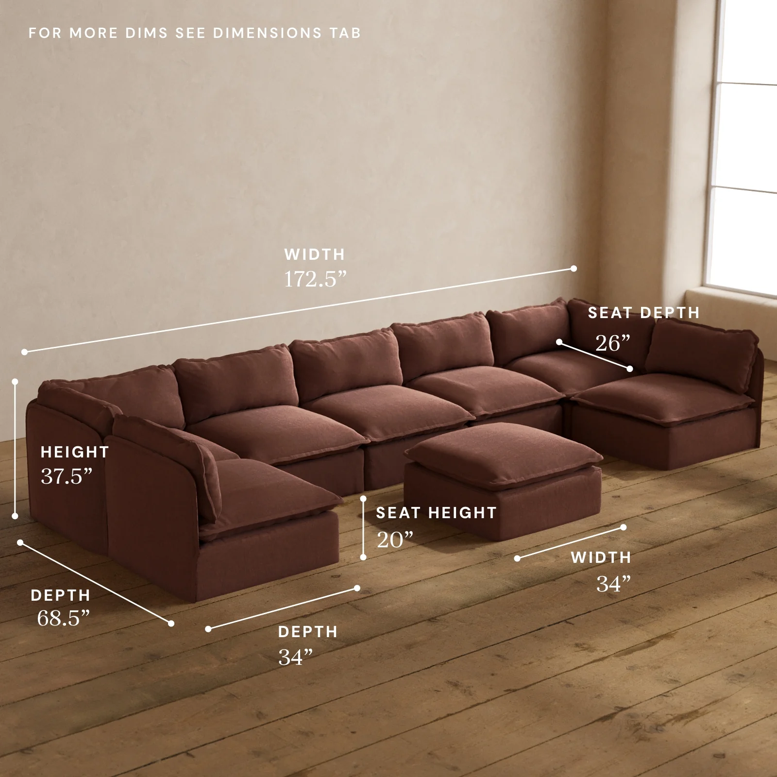Modular Washable 7-Seater Open-Ends U-Sectional + Ottoman in Chestnut | Deluxe+ Seat | Cloud Pillow - Image 5