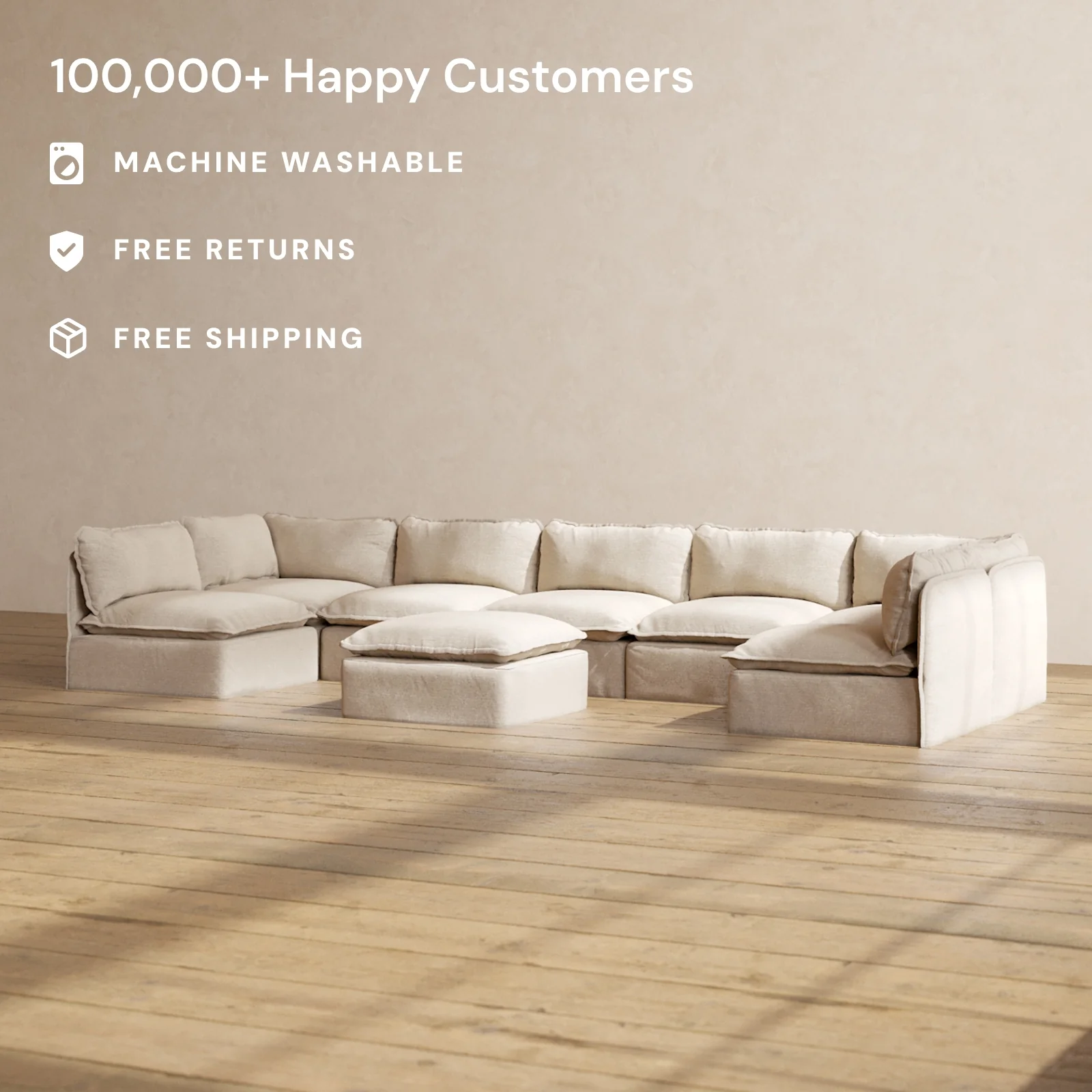 Modular Washable 7-Seater Open-Ends U-Sectional + Ottoman in Oat | Memorix+ Seat | Contour Pillow - Image 2