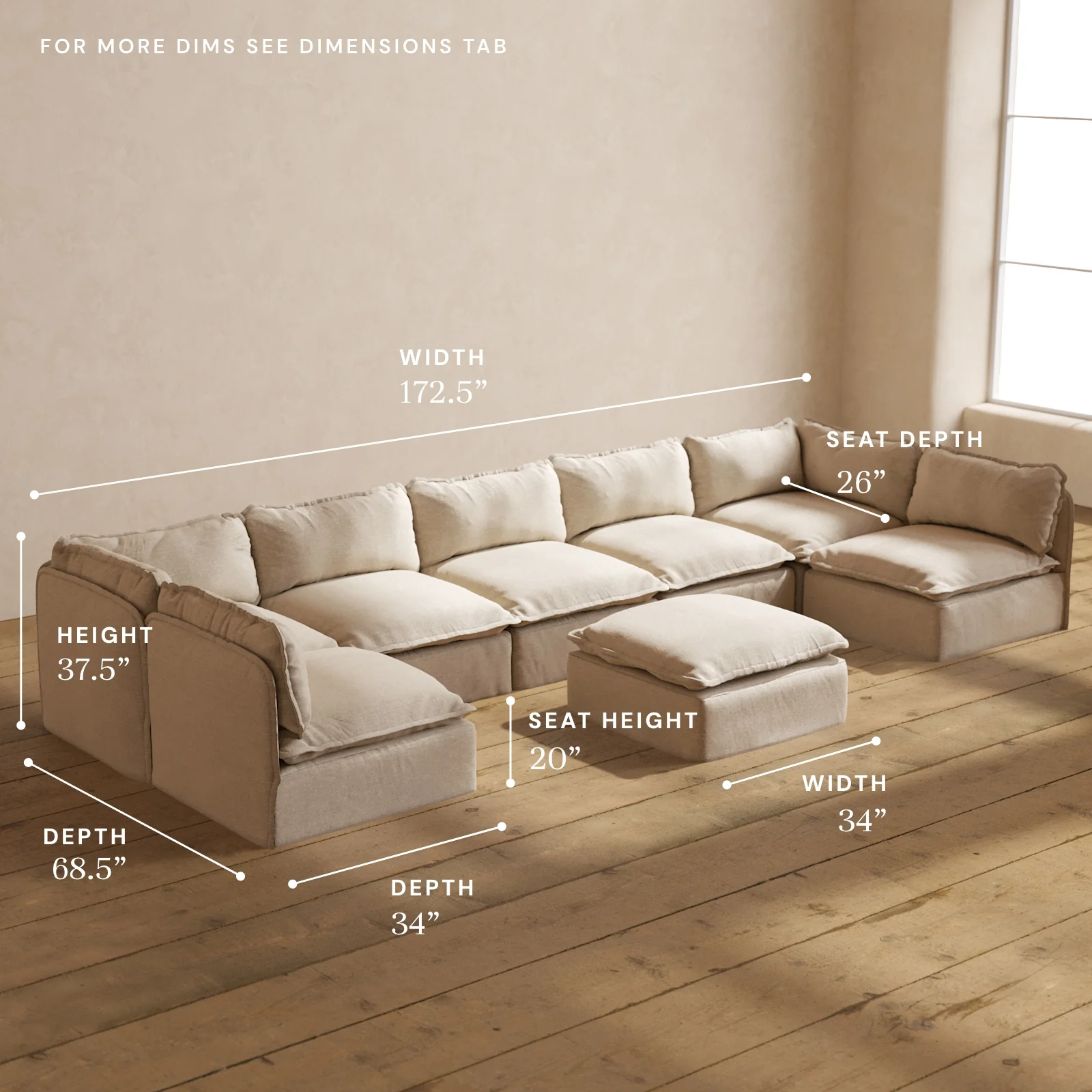 Modular Washable 7-Seater Open-Ends U-Sectional + Ottoman in Oat | Memorix+ Seat | Contour Pillow - Image 5