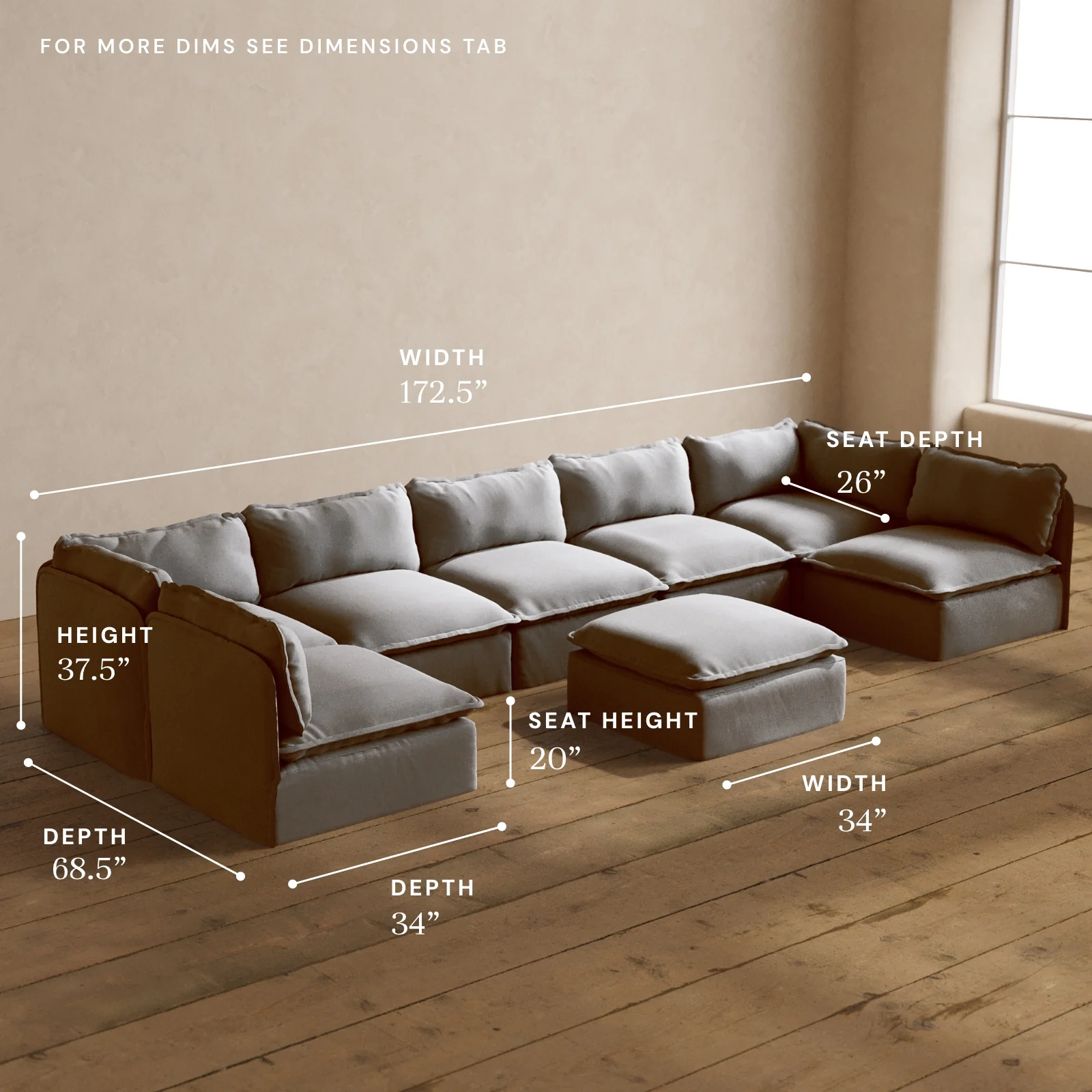 Modular Washable 7-Seater Open-Ends U-Sectional + Ottoman in Pumice | Deluxe+ Seat | Cloud Pillow - Image 5