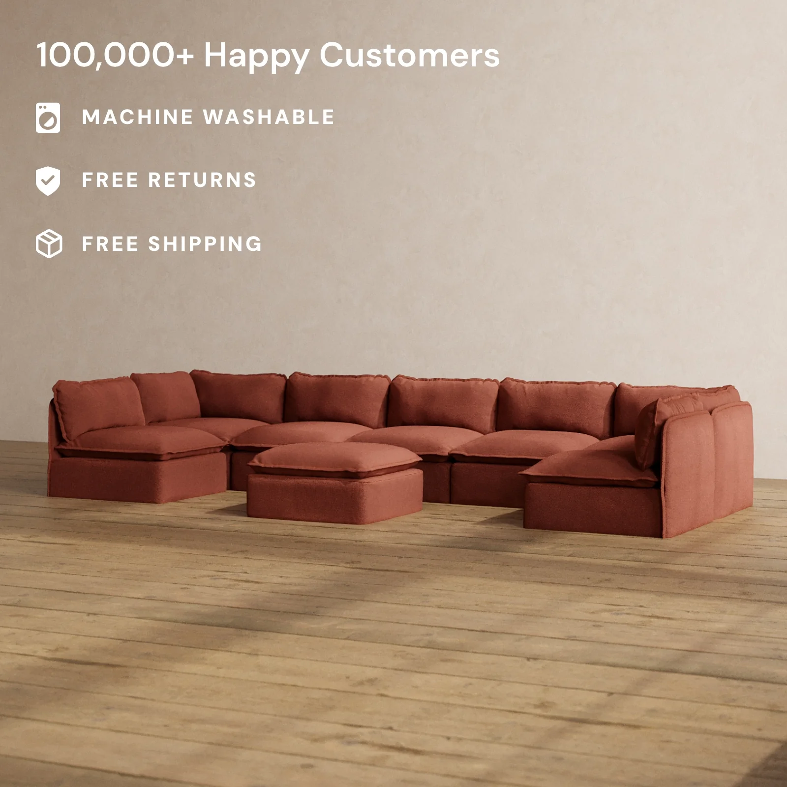 Modular Washable 7-Seater Open-Ends U-Sectional + Ottoman in Rust | Memorix+ Seat | Contour Pillow - Image 2