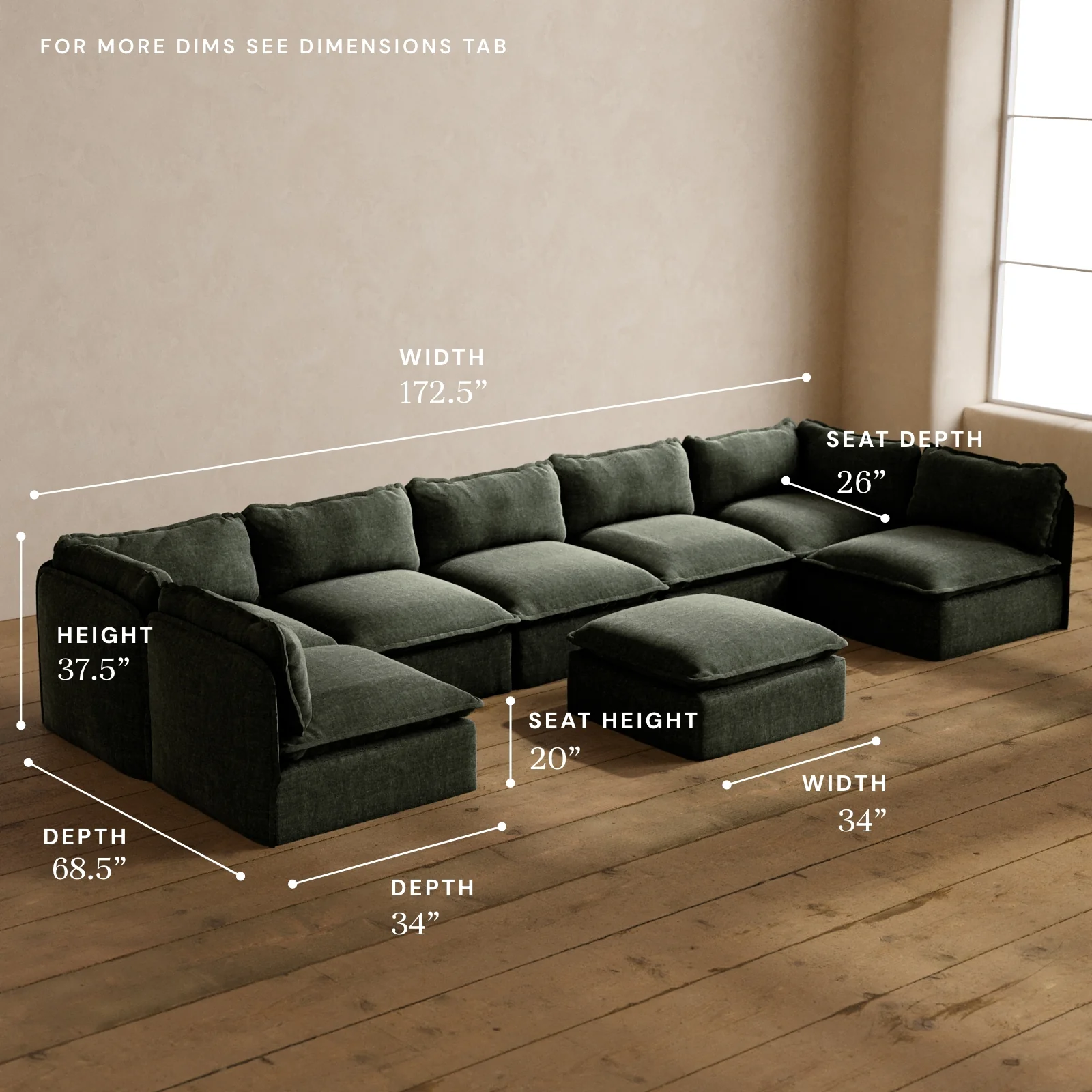 Modular Washable 7-Seater Open-Ends U-Sectional + Ottoman in Willow | Deluxe+ Seat | Cloud Pillow - Image 5