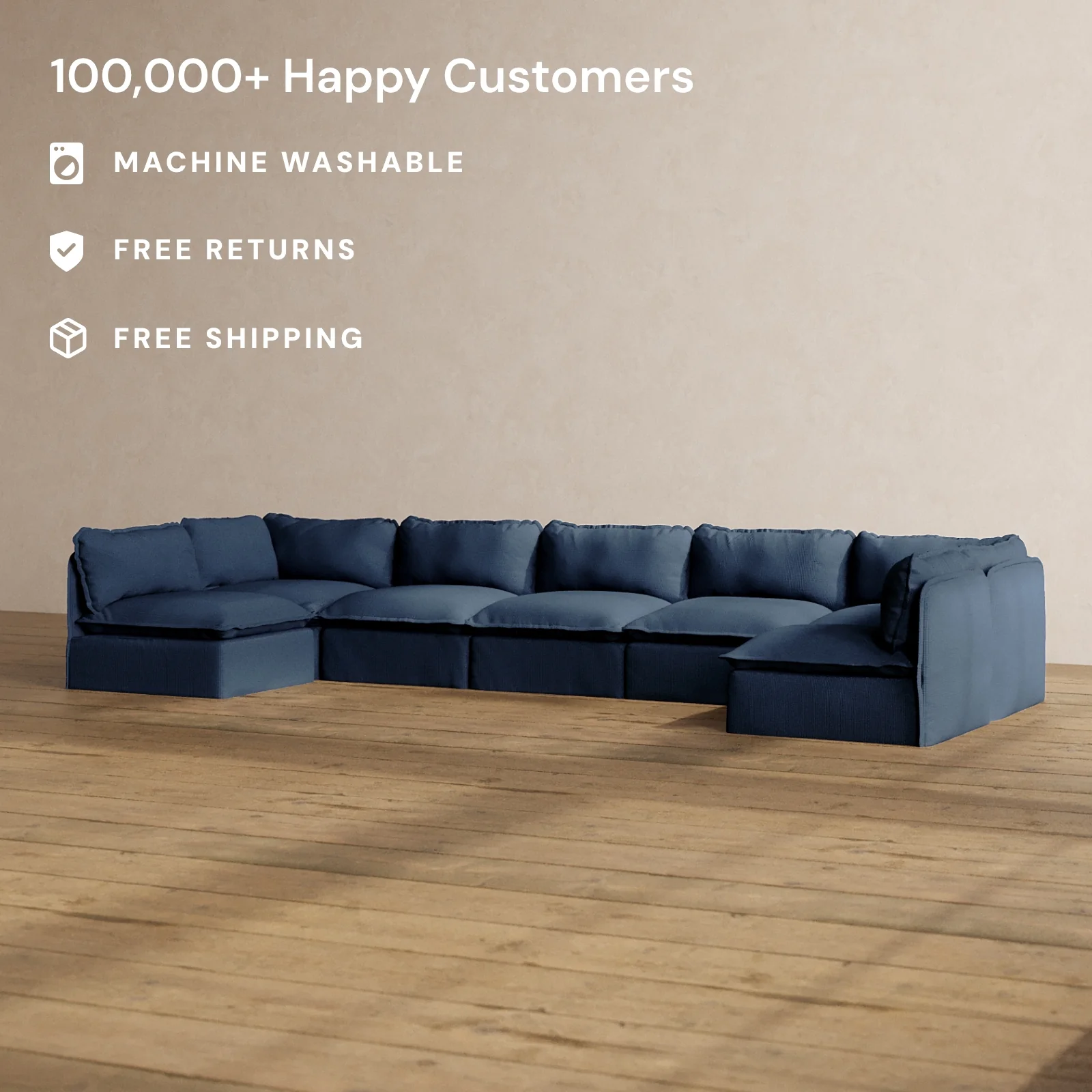 Modular Washable 7-Seater Open-Ends U-Sectional in Sumi | Deluxe+ Seat | Cloud Pillow - Image 2