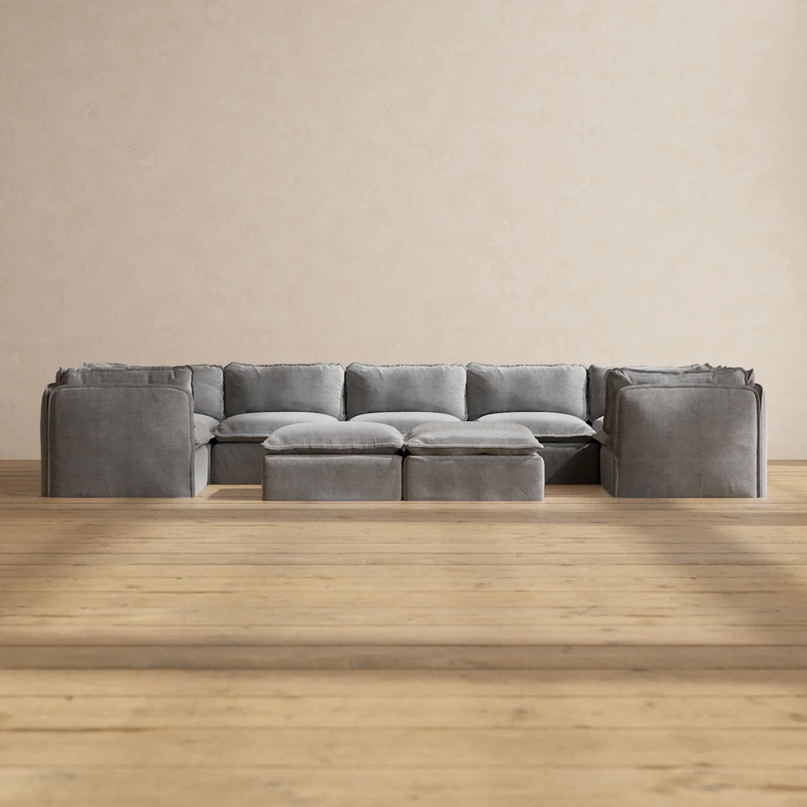 Modular Washable 7-Seater U-Sectional + Bench Ottoman in Ash | Memorix+ Seat | Contour Pillow