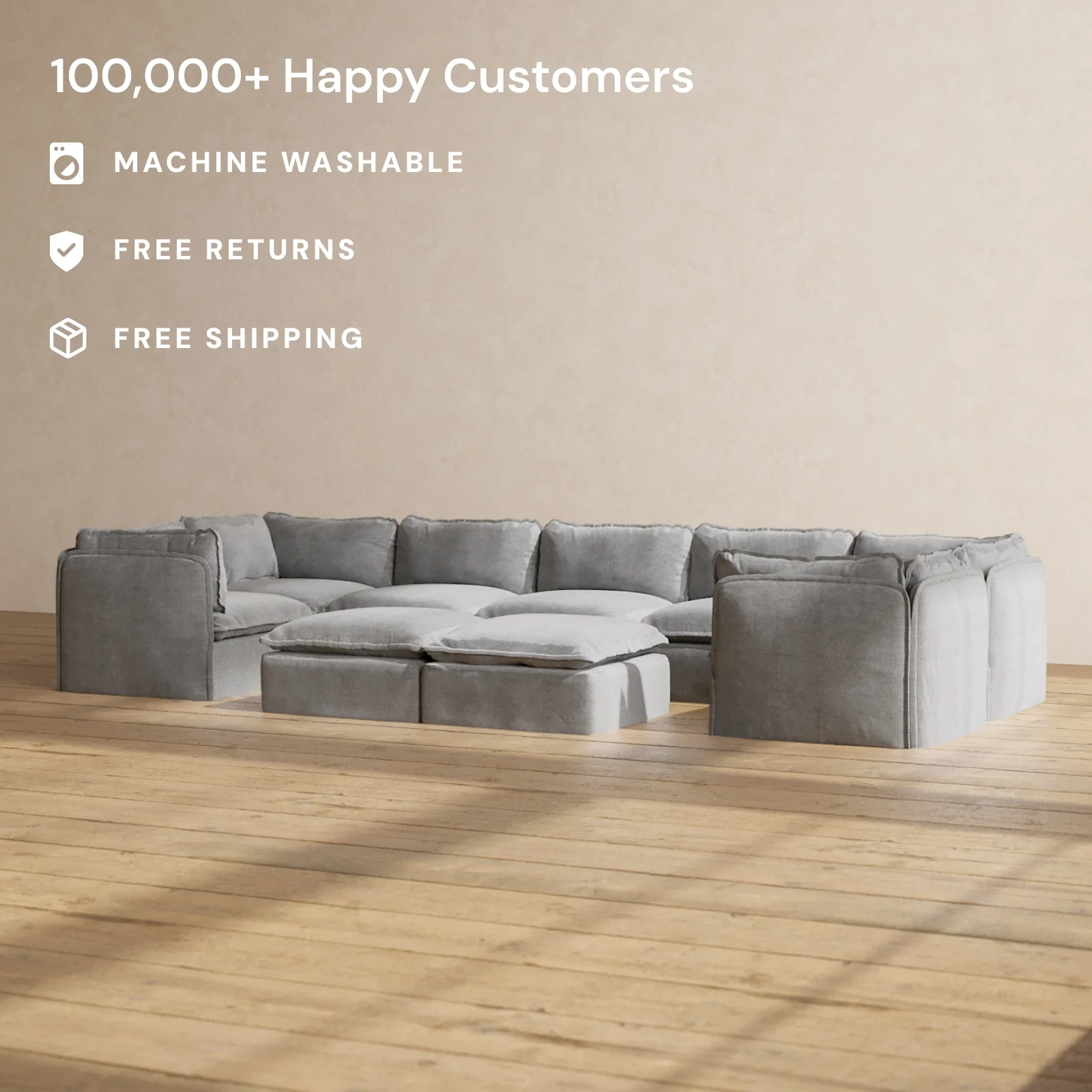Modular Washable 7-Seater U-Sectional + Bench Ottoman in Ash | Memorix+ Seat | Contour Pillow - Image 2