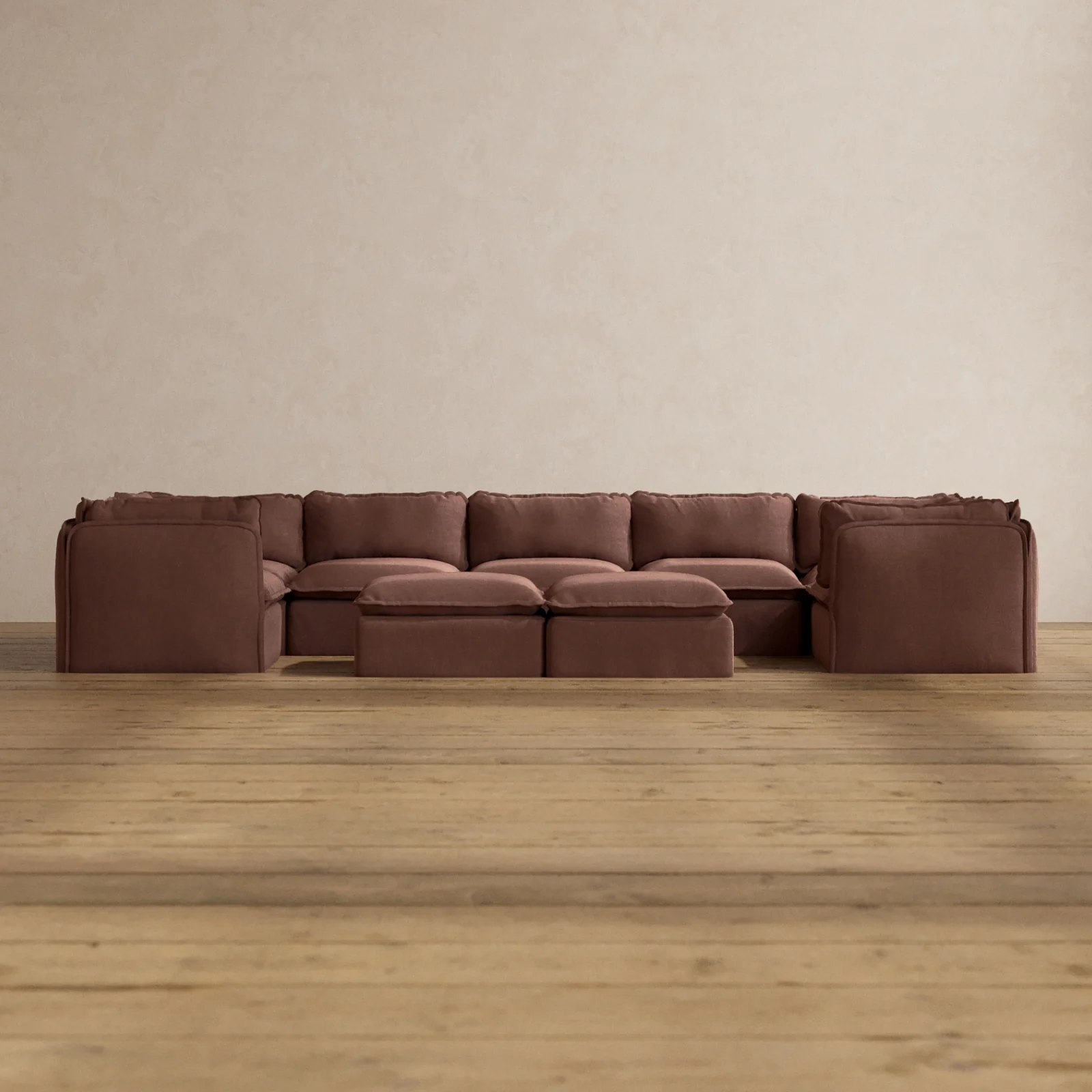 Modular Washable 7-Seater U-Sectional + Bench Ottoman in Chestnut | Deluxe+ Seat | Cloud Pillow