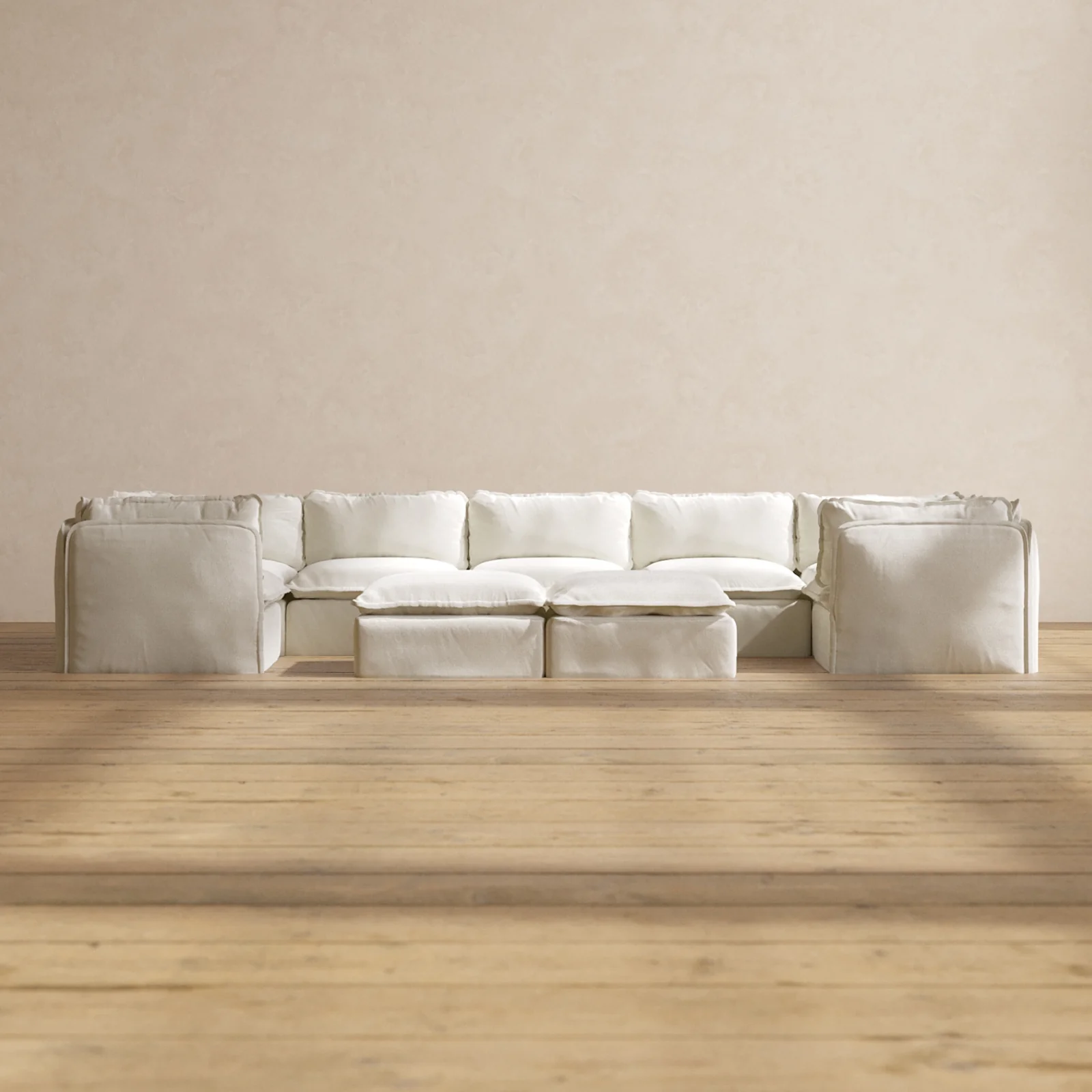 Modular Washable 7-Seater U-Sectional + Bench Ottoman in Eggshell | Memorix+ Seat | Contour Pillow