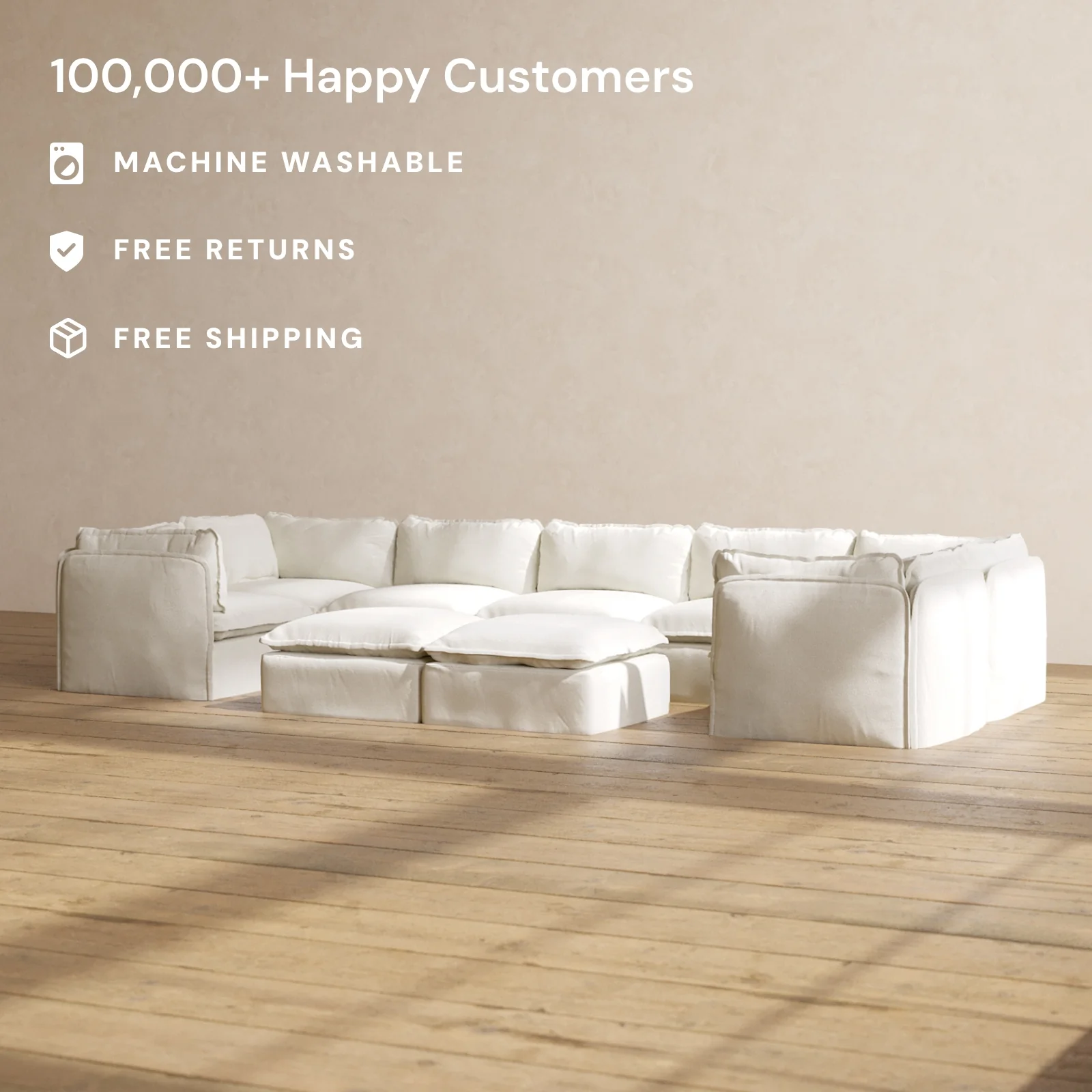Modular Washable 7-Seater U-Sectional + Bench Ottoman in Eggshell | Memorix+ Seat | Contour Pillow - Image 2